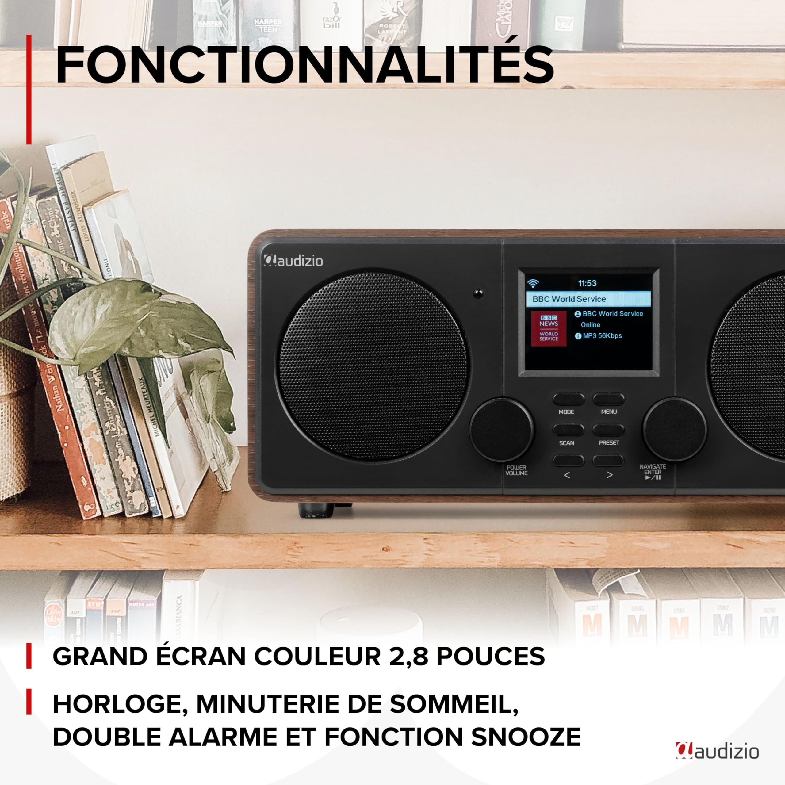 Audizio Foza - Radio Internet WiFi Stéréo, Dab+/FM et BT 5.0 - Noyer, Radio Réveil, Lecteur MP3 USB, Une Radio Idéale pour Écouter Les Radios du Monde Entier Depuis chez Vous