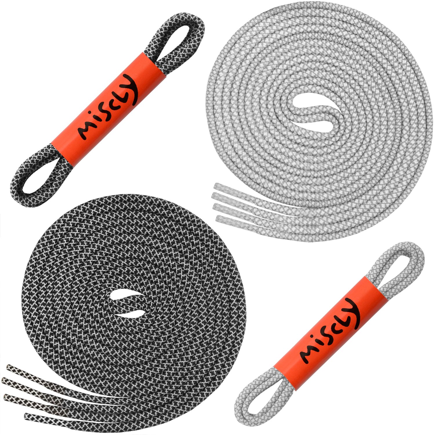Miscly Round Reflective Shoelaces [2 Pairs: 1 Pair White + 1 Pair Black] 5/32" Thick