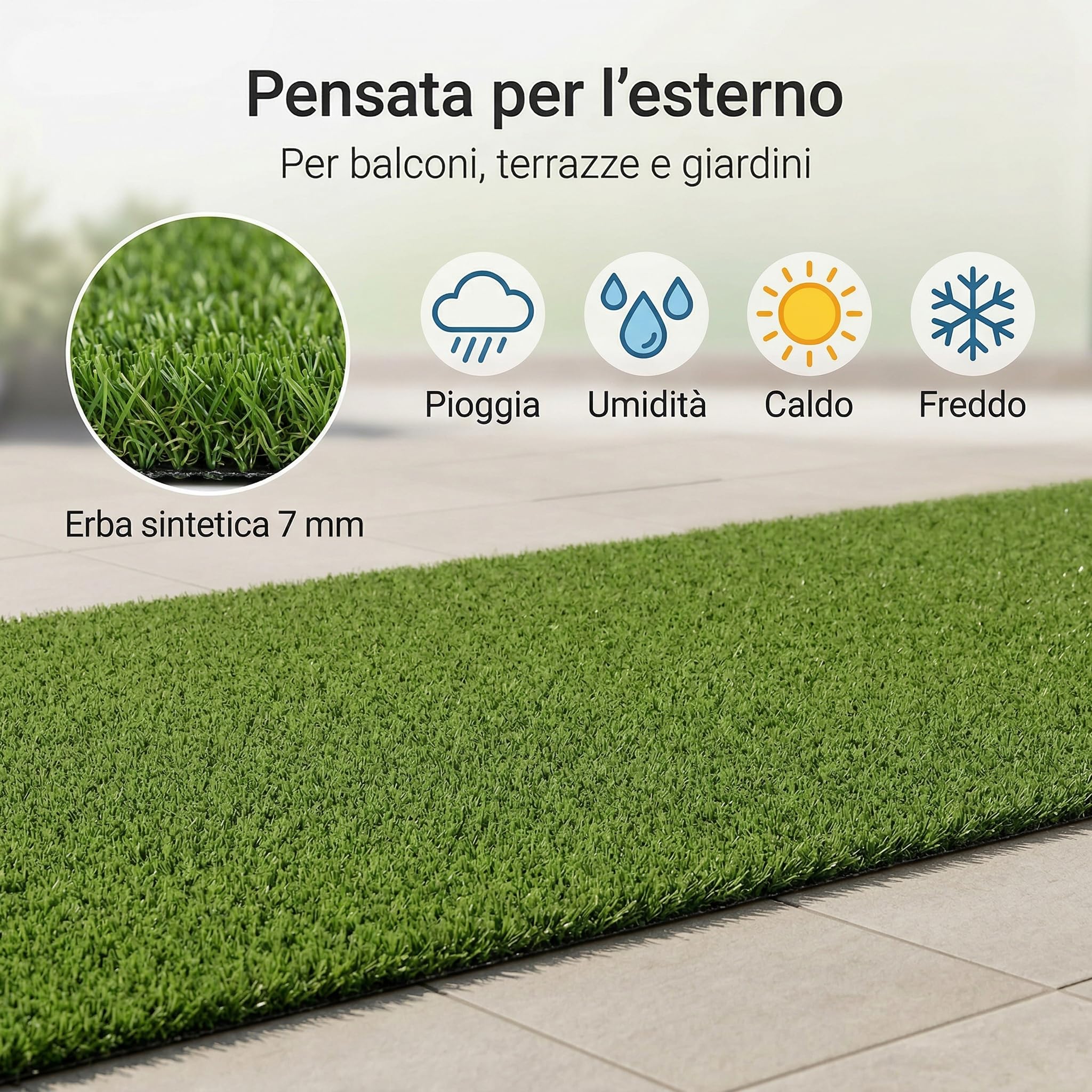 Erba Sintetica per Esterno – Galeone | Filamenti 7 mm – Prato Sintetico da Esterno - Compatto | Resistente | Tappeto Erba Finta a Rotolo - per Balconi - Terrazze - Giardini | Bassa Manutenzione