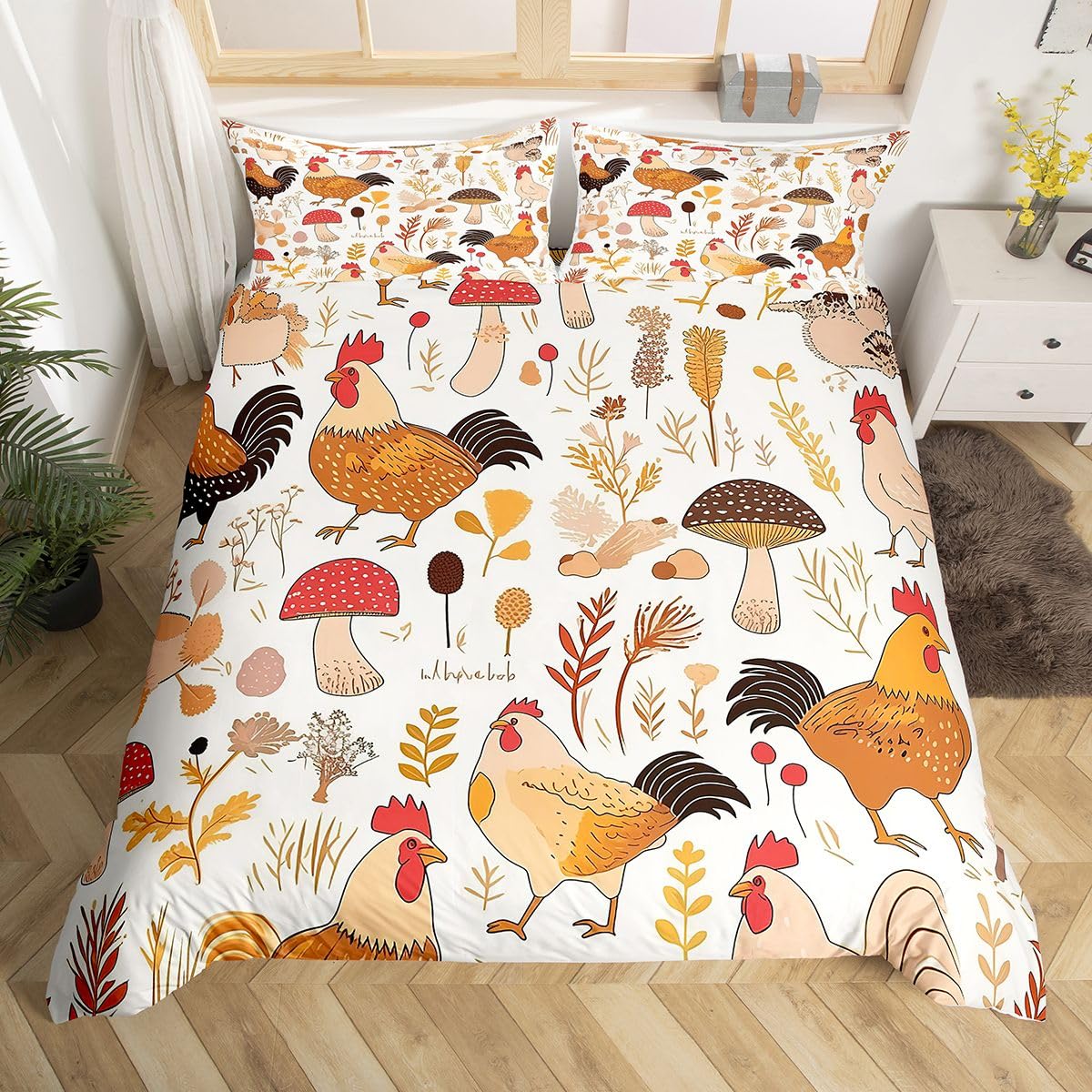 Housse de couette poulet style rustique Manfei avec 2 taies d'oreiller pour lit enfant et adulte