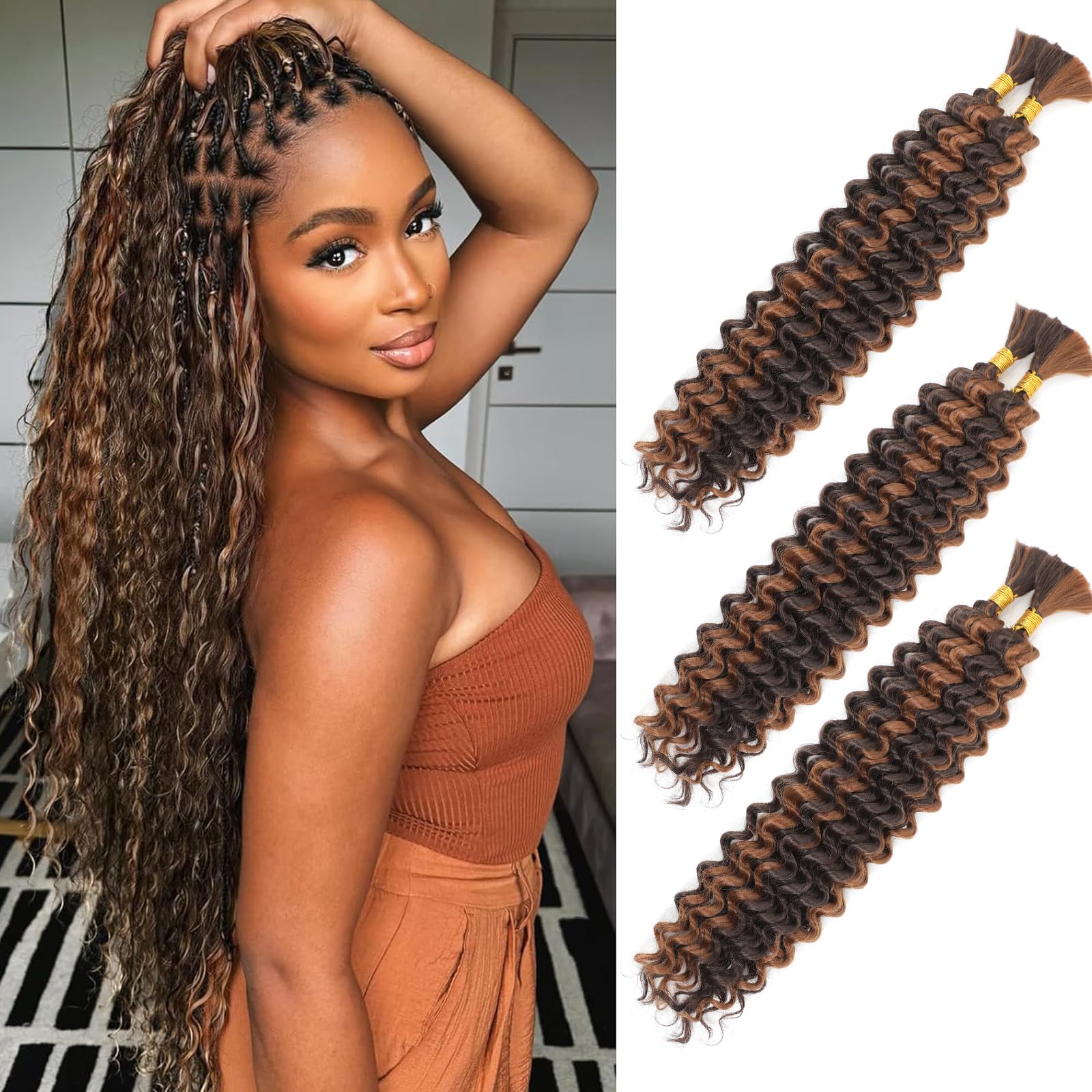 Deep Wave Bulk Hair for Braiding 18 Inch No Weft Deep Wave Bundles Curly Braiding Hair Extensions for Boho Braids and Wavy Braiding Hair 2 Braids per Pack P4/30# 18 Inch 3 Pack