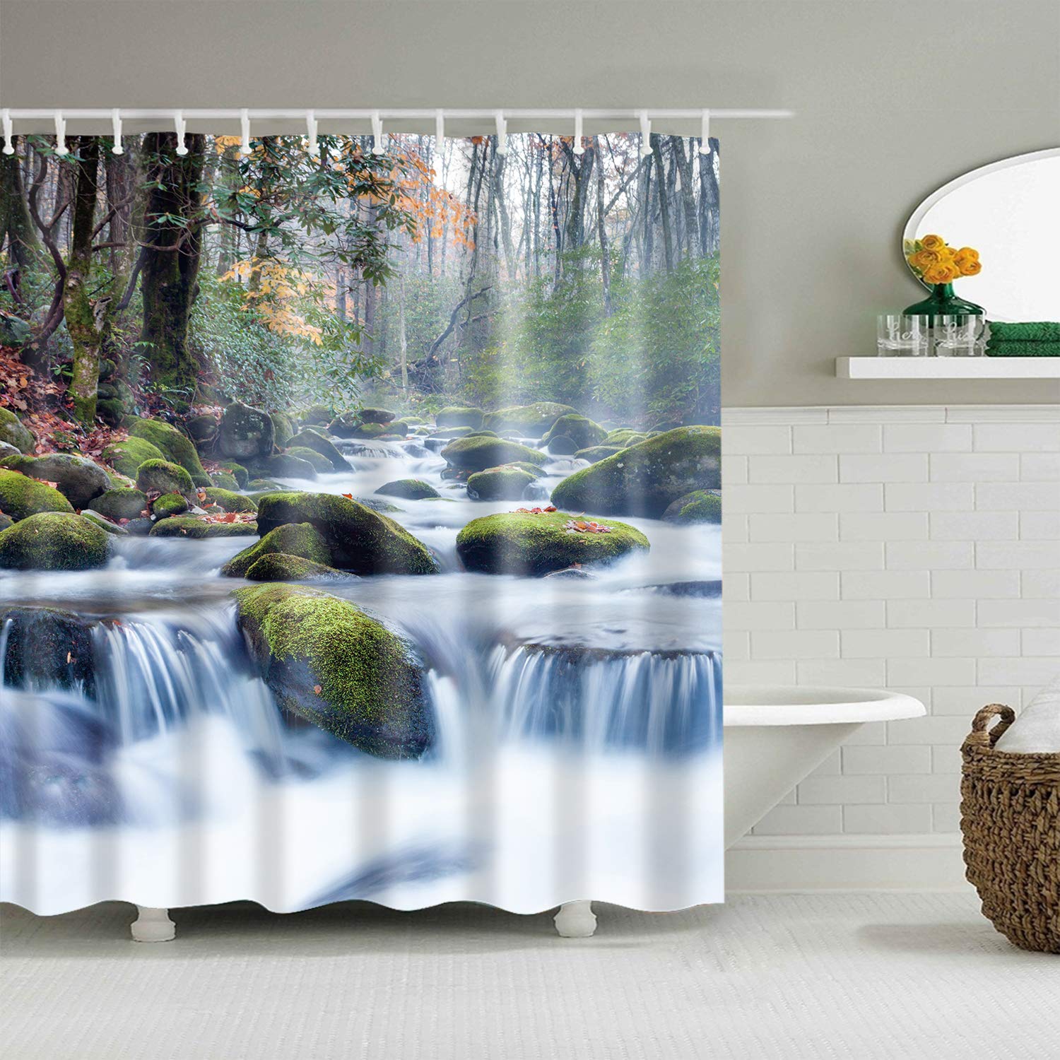 StoneMaxi Waterproof 180 x 180 Polyester Bathroom Shower Curtain Print Fabric With 12 Hooks, Multiple Designs Landscape with Anti-Mould Proof Resistant Machine Washable (Stream-2)