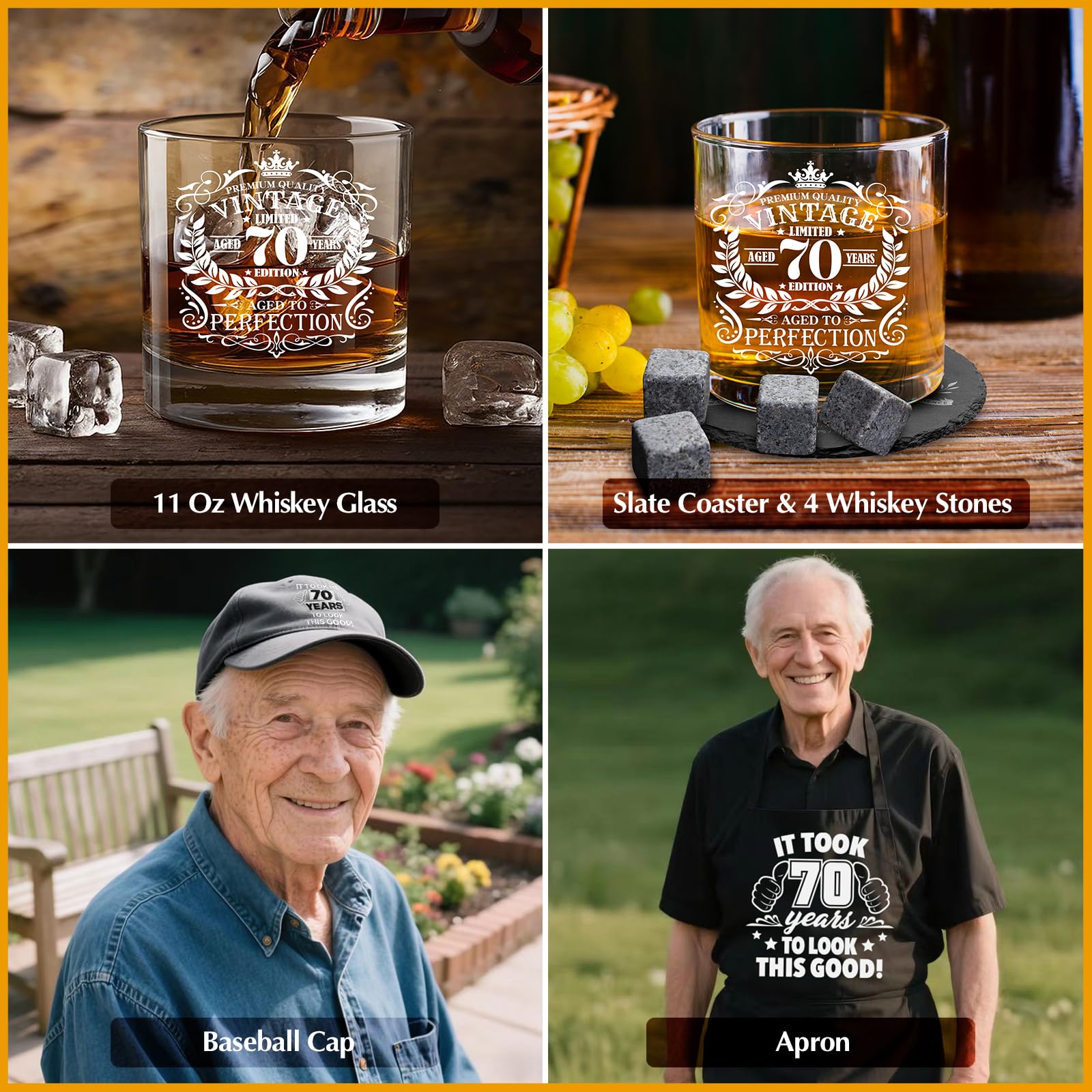 70th Birthday Gifts for Men Whiskey Glass Set, 70th Birthday Party Supplies with 11 Oz Whiskey Glass Coaster Stone Baseball Cap Apron Sock Toilet Paper Keychain for Him, Dad, Husband, Friends