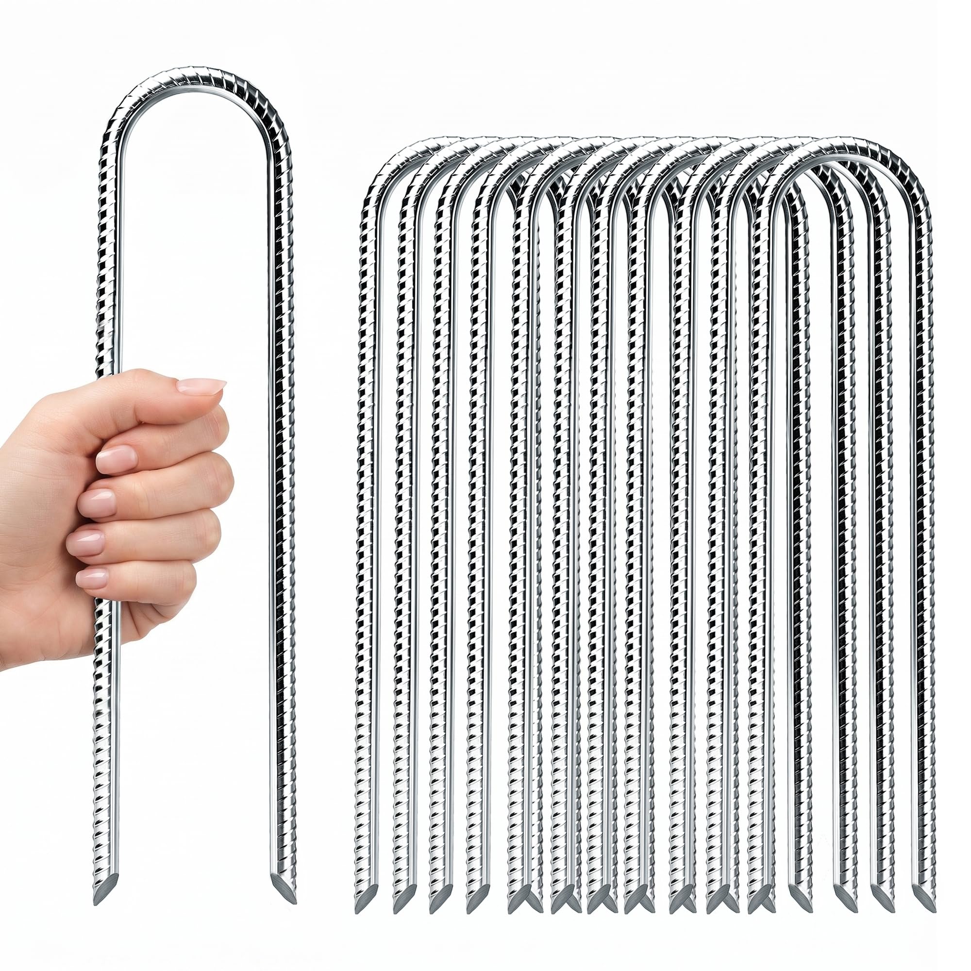 Garden Ground Stakes Heavy Duty U Hook Rebar Stakes-Silver, 12 Packs