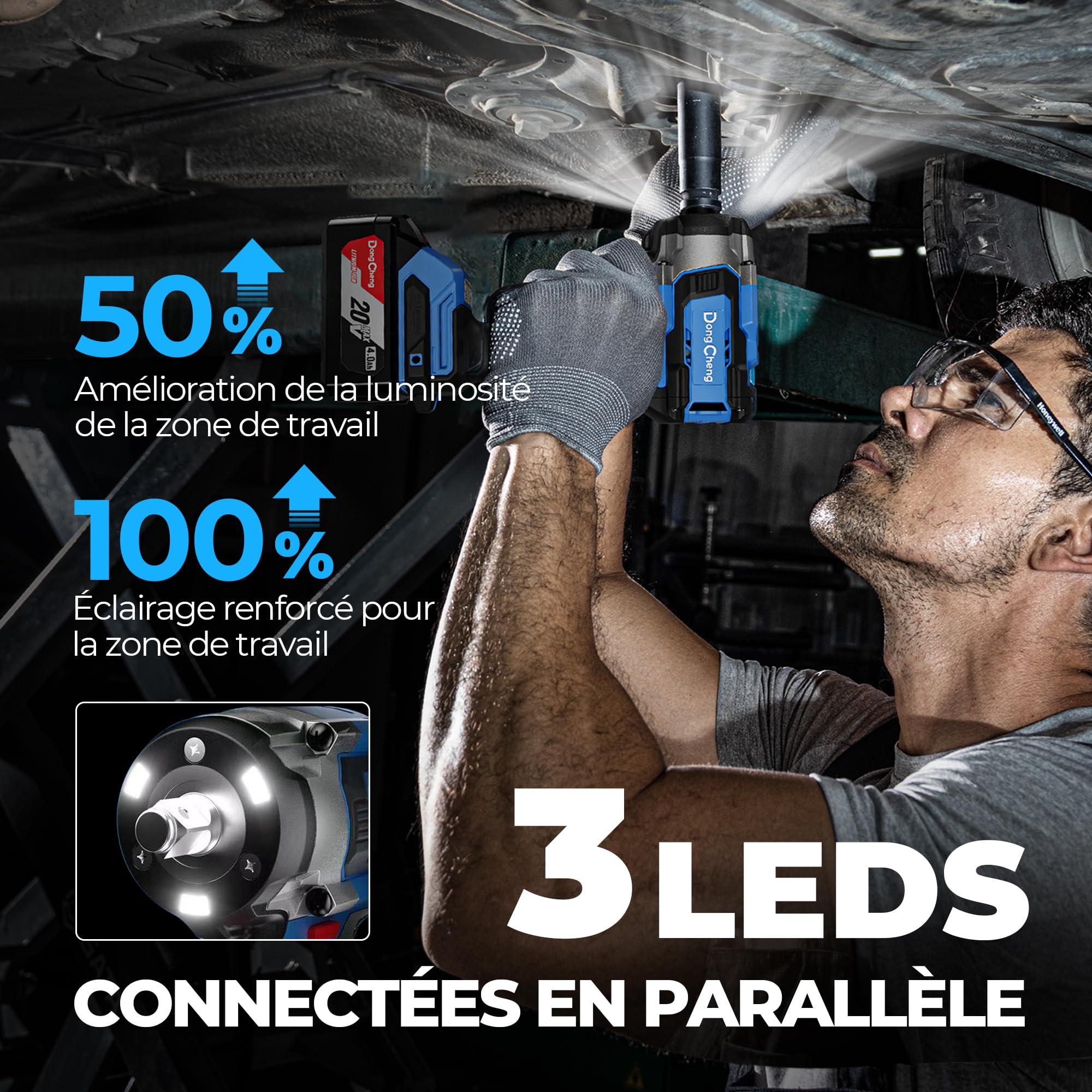 DongCheng Clé à Chocs Sans Fil Sans Balais, 20V, 4,0 Ah Li-ion, 800 Nm, 4 vitesses, avec douilles 17‑24 mm et lumière LED, pour le changement de pneu, la mécanique automobile et le chantier