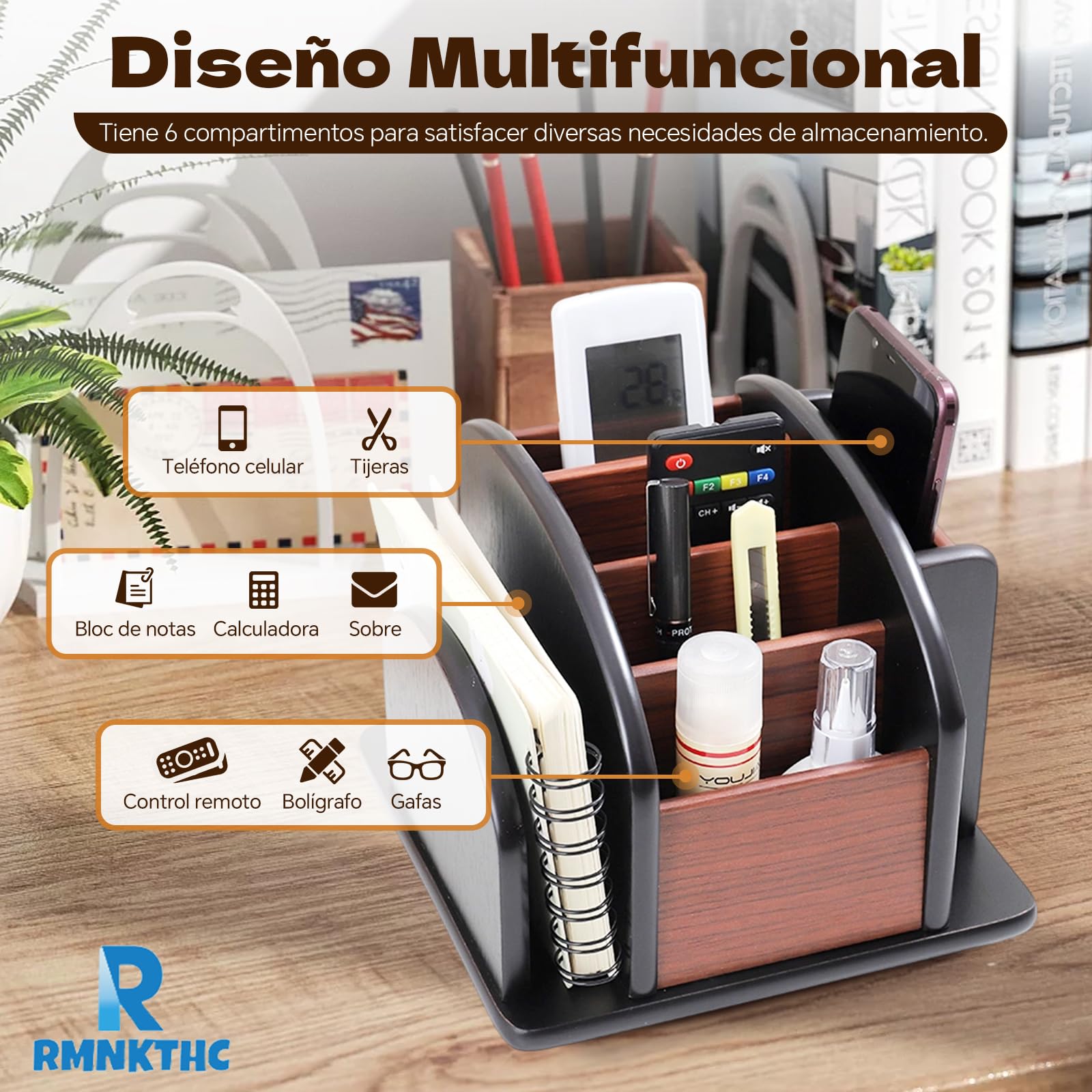 Organizador de Escritorio de Madera Giratorio con 6 Compartimentos – Portalápices Multifuncional para Objetos Pequeños, Soporte para Mandos a Distancia, para Oficina Escuela Hogar