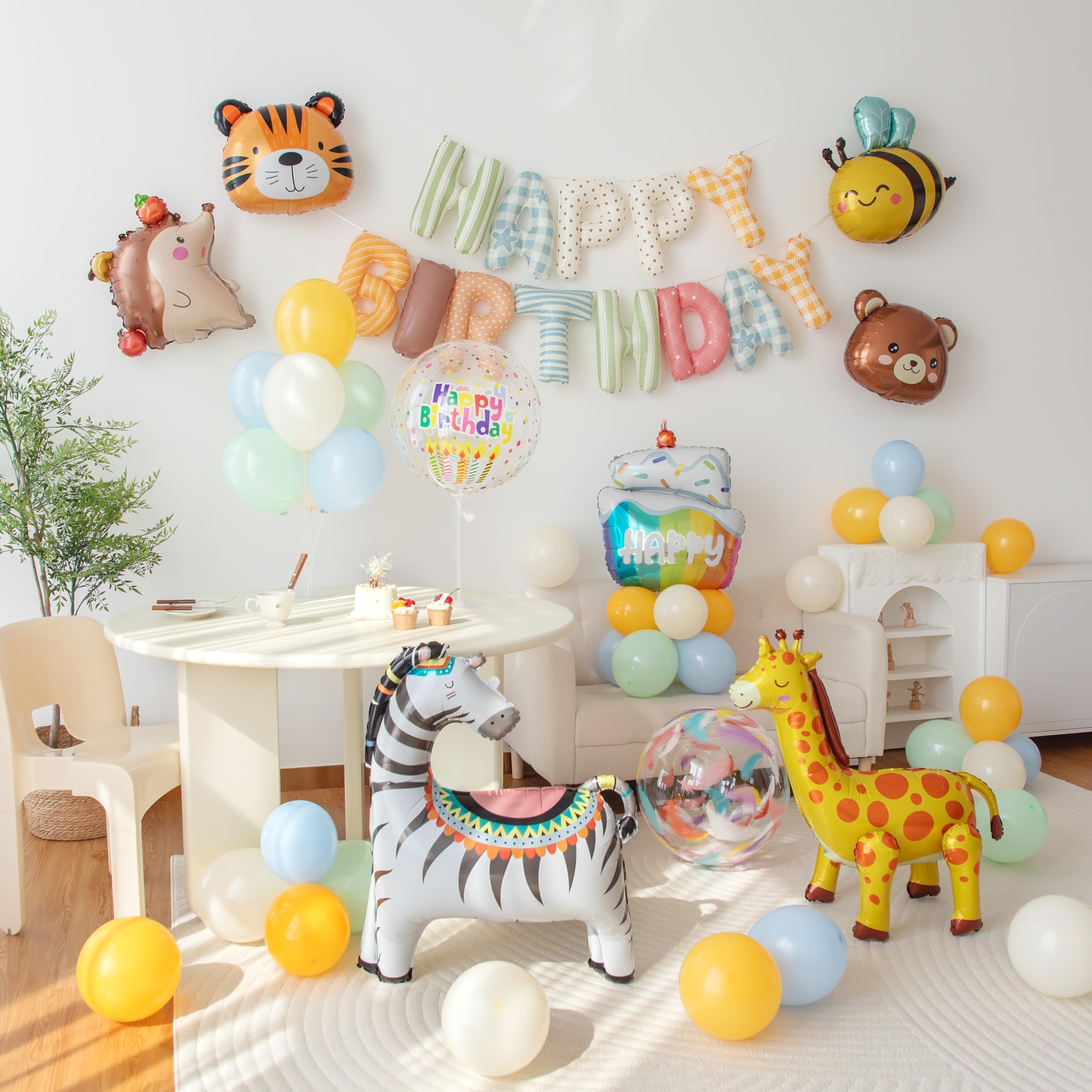 Photo 1 of Vrukiaa Animals Happy Birthday Foil Balloon Decorations Kit for Kids Birthday, Jungle Zoo Theme Zebra Giraffe Tiger All-In-One Party Supplies with Birthday Banner (Animal Birthday Set)