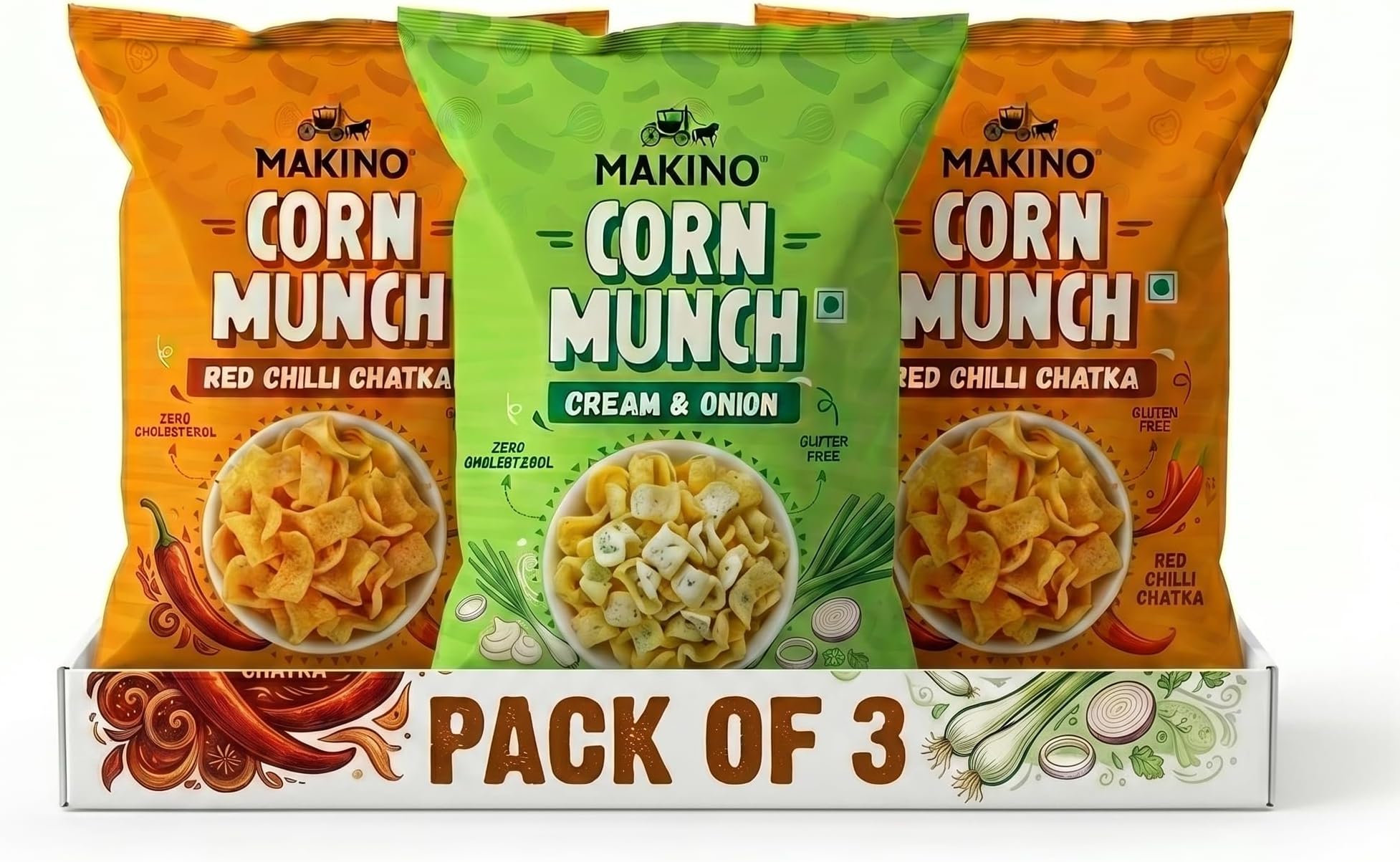 Corn Munch Combo Pack of 3 (150g Each) - Cream & Onion and Red Chilli Chatka | Crunchy Corn Chips | Gluten Free, No MSG, Zero Trans Fat | Sizzling Hot & Creamy Fusion Snacks