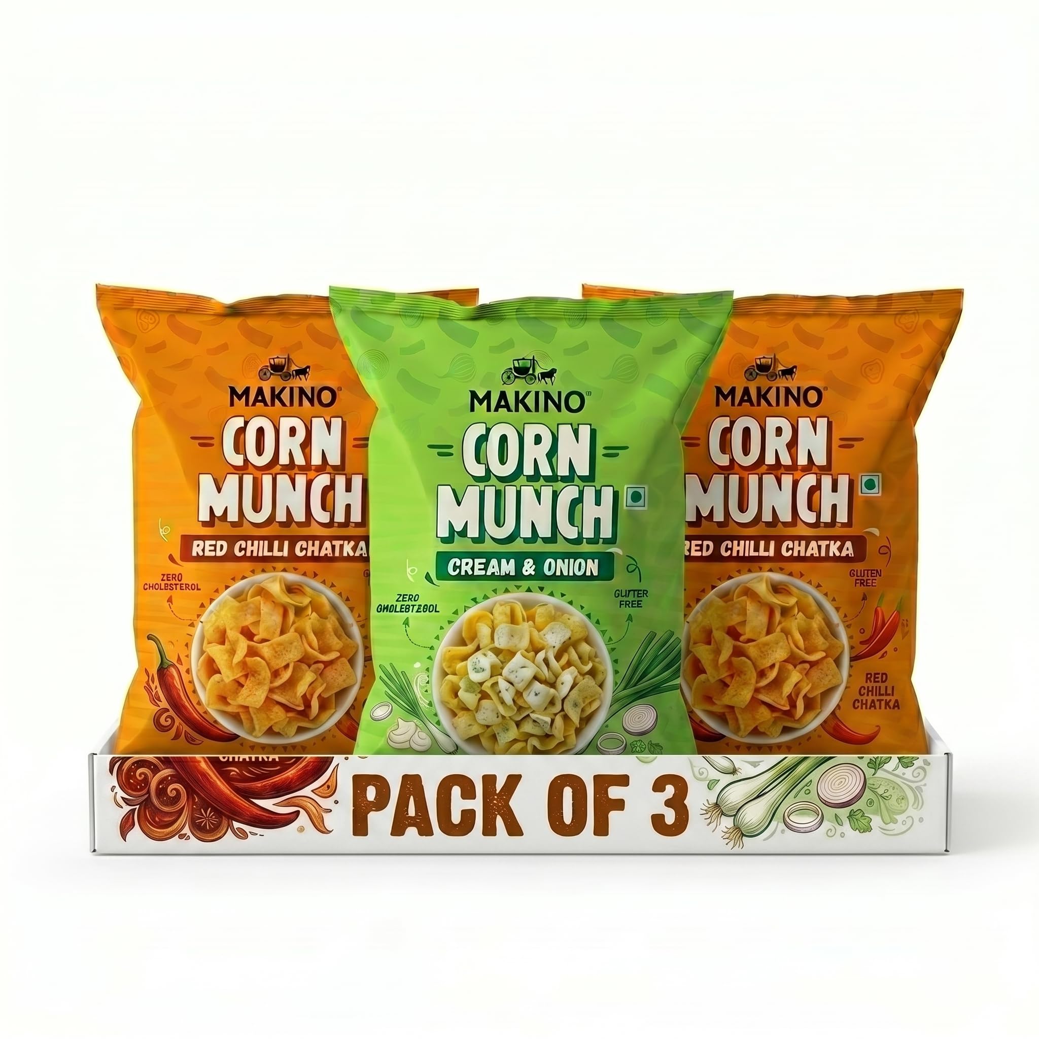 Makino Corn Munch Combo Pack of 3 (150g Each) - Cream & Onion and Red Chilli Chatka | Crunchy Corn Chips | Gluten Free, No MSG, Zero Trans Fat | Sizzling Hot & Creamy Fusion Snacks-image-3