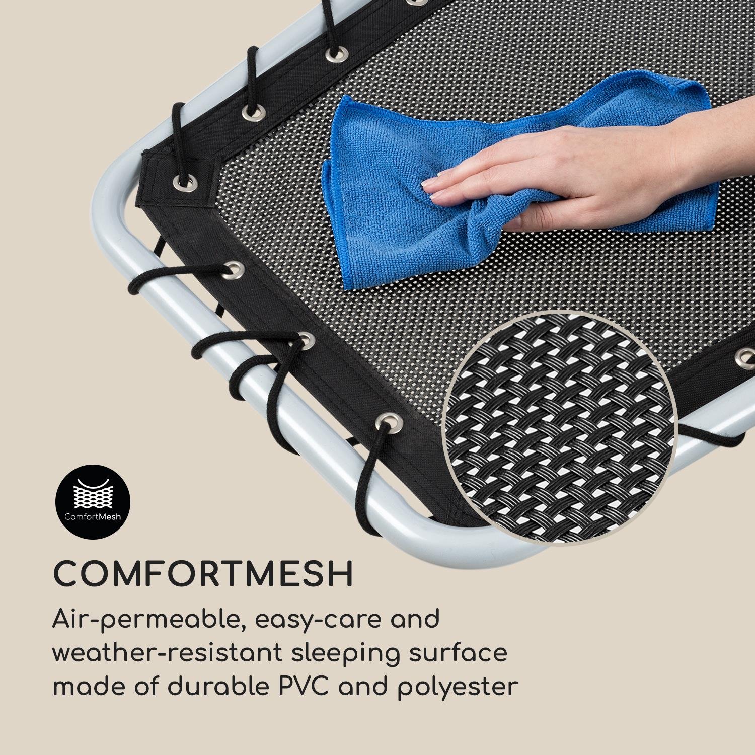 blumfeldt The Chiller - Sedia a Dondolo, Sedia da Giardino, Lettino, Sdraio, Pulizia Facile, Resistente alle Intemperie, Movimento Oscillante a 360°, ComfortMesh, Acciaio Tubolare, Nera
