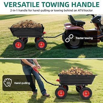1200lbs Heavy Duty Garden Dump Cart/Trailer, 7 Cu.Ft Capacity, Garden Dump Wagon with 13 All Terrain Wheels & 2-in-1 Handle, Tow Behind for Lawn Mower Tractor ATV