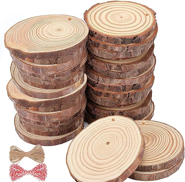 ZOENHOU 40 PCS 9-10cm Wood Slices with Drilled Holes, 3.5-4 Inch Predrilled Unfinished Natural Wooden Circles Log Slices with Hanging Rope for Crafts Art Painting Decorations Coaster Christmas