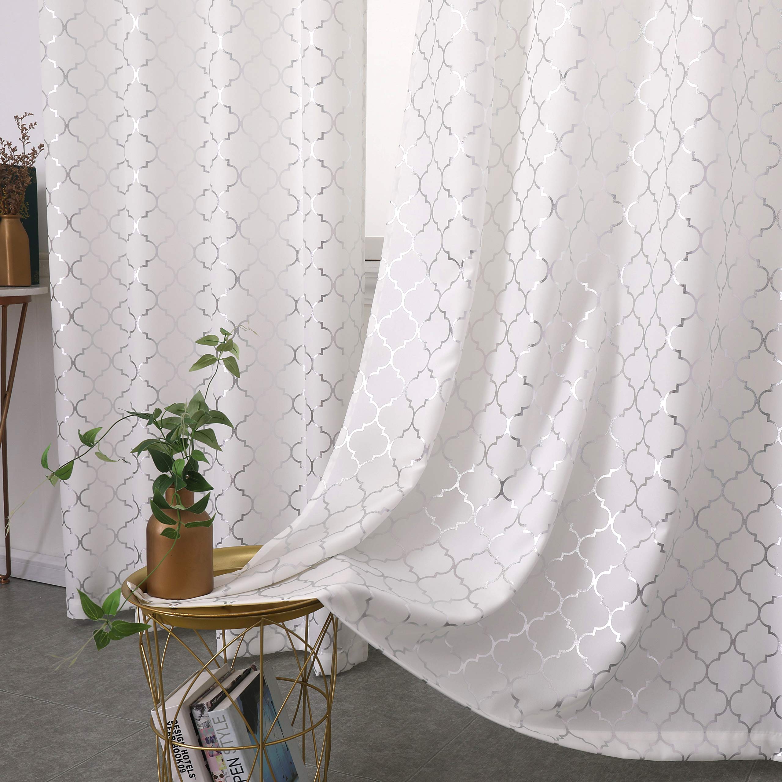 Taisier Home Metallic Off White Light Blocking Curtain Living-Room Moroccan Print Silver Curtains 84 inch Linen Texture Geometry Lattice Curtains for Bedroom Window Treatment Set Grommet Top, 2Panels