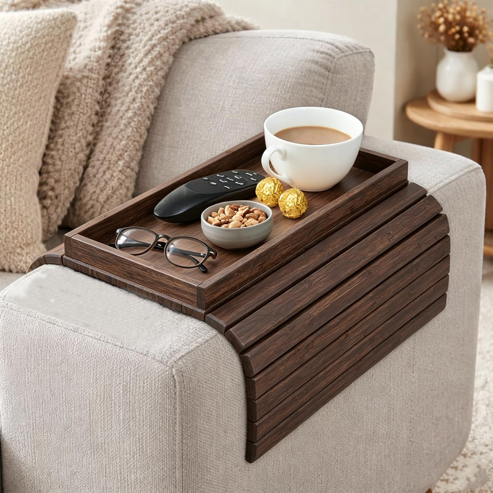 Sythrix Walnut Bamboo Sofa Arm Tray, Foldable Couch Armchair Tray, Sofa Arm Table, Sofa Armrest Tray, Armrest Tray Sofa Cup Holder For Remotes Snacks Drink Magazine