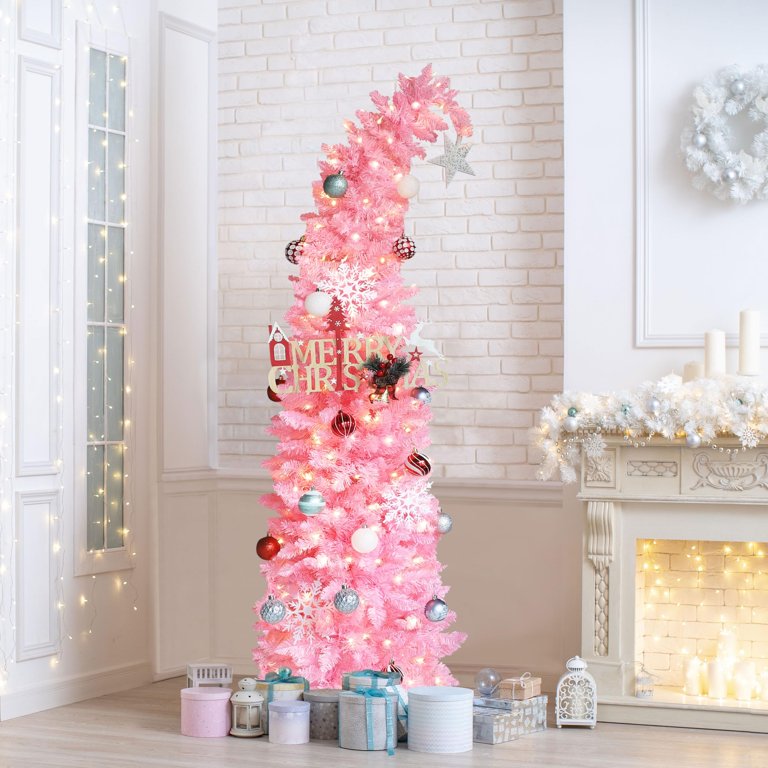 6FT Slim Pink Christmas Tree, Artificial Christmas Trees with Lights, Skinny Pencil Xmas Tree with Curved Top Design and Metal Stand, Holiday Decoration for Home, Office and Party, Pink