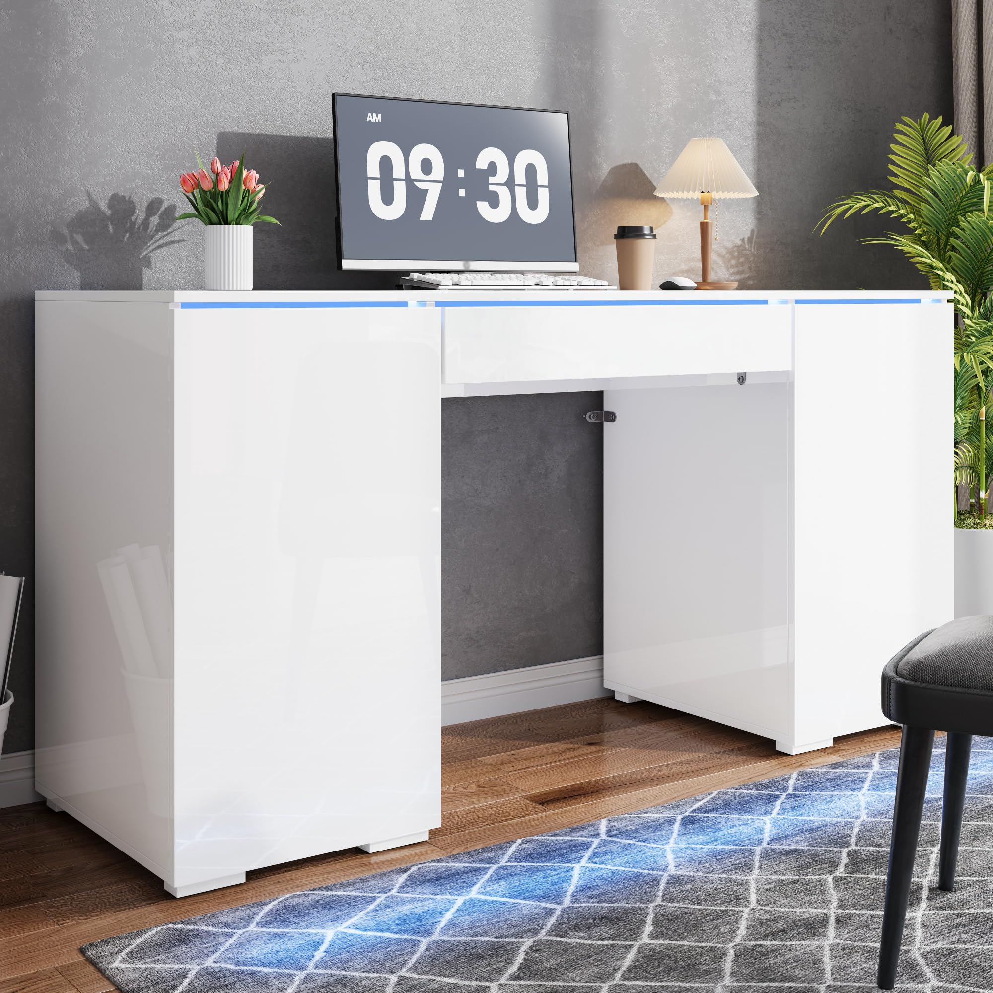 Escritorio, 50 x 78 x 120 cm, blanco, 1 cajón y 2 puertas, moderno escritorio para ordenador con superficie de trabajo extragrande, tocador con espacio de almacenamiento