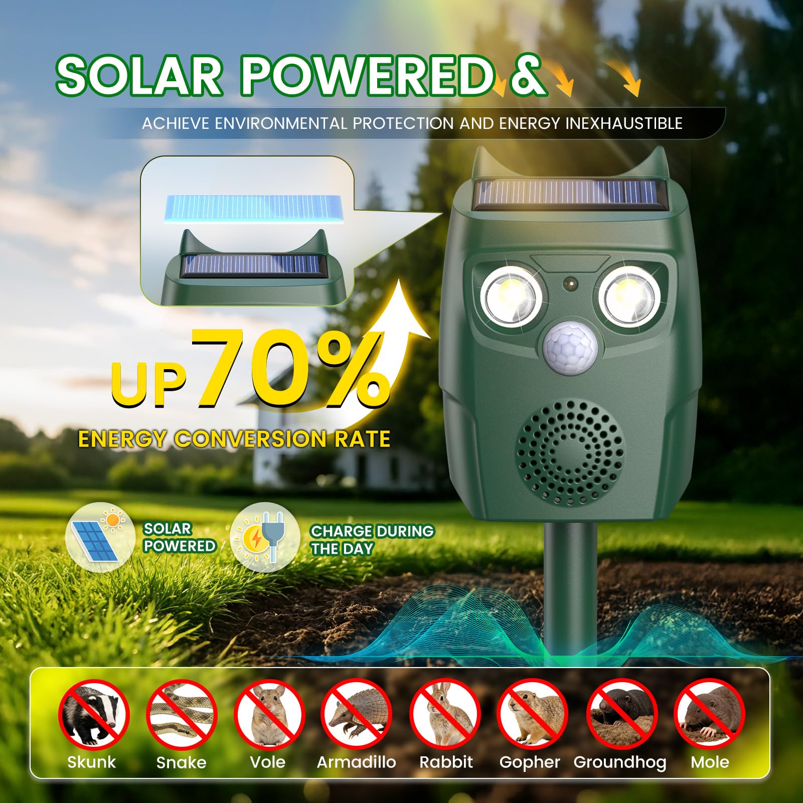 Ultrasonic Animal Repellent Outdoor, Solar Power Cat Rodent Raccoon Repeller, Squirrel Skunk Control Device with Motion Sensor and FIashing Light, Waterproof Rabbt Snake Deterrent for Outdoor - 3
