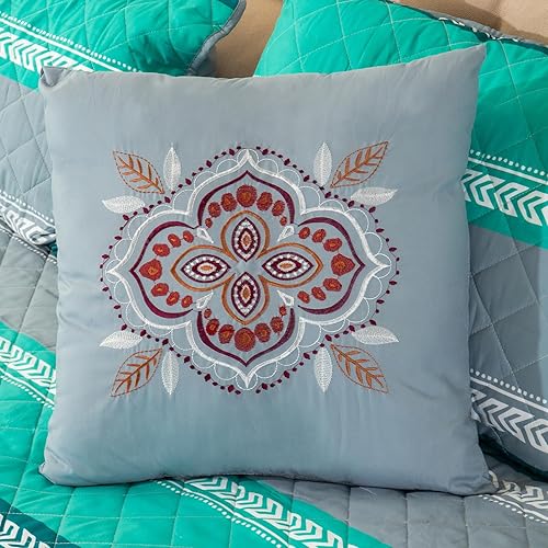 Miniatura 5 de LINNUO HOURSE Juego de edredón tamaño King, juego de colcha verde y gris con geometría impresa para todas las estaciones, juego de ropa de cama