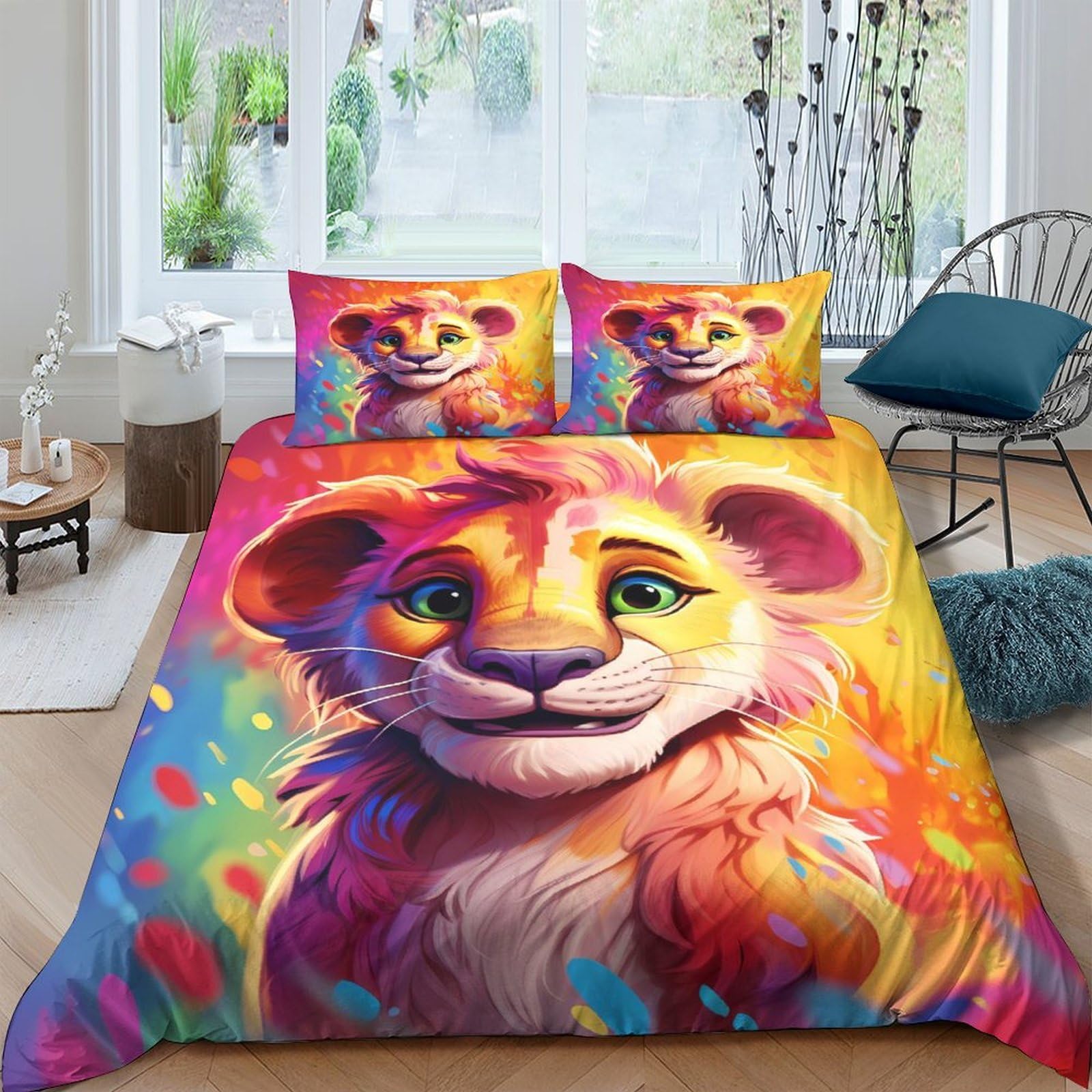 Ctjqhvkz Style-3 3D Printed Vibrant Lion Fitted Sheet Microfiber Colorful Animal Mattress Cover For Bedroom Guest Room Home Decor Single（135X200cm）