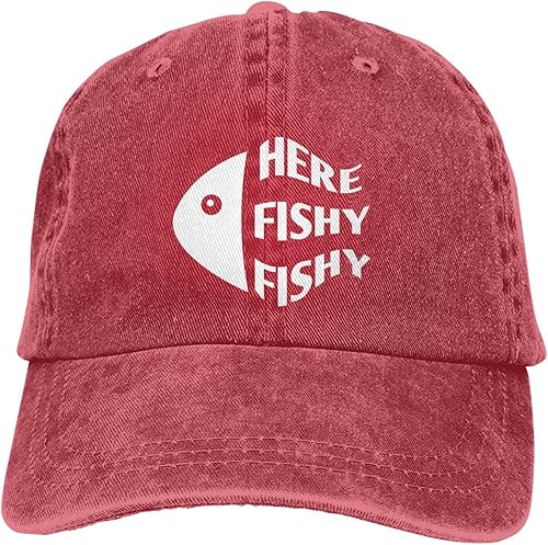 Miniatura 7 de Sombrero de pesca divertido aquí Fishy Fishy Fishy Cap para hombres Sombreros de béisbol Sombreros de moda, Rojo -