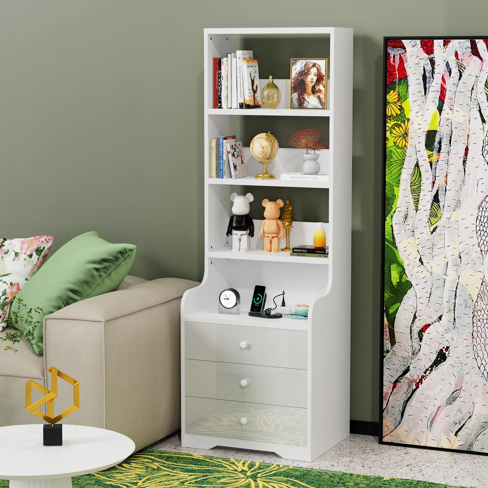 Comodino Camera da Letto Moderno Con Stazione di Ricarica, Comodini Camera da Letto con 3 Scomparti a 3 Cassetti, Grande Tavolino da Letto Tavolo da Divano Soggiorno 40x50x176cm Cassettiera Bianco