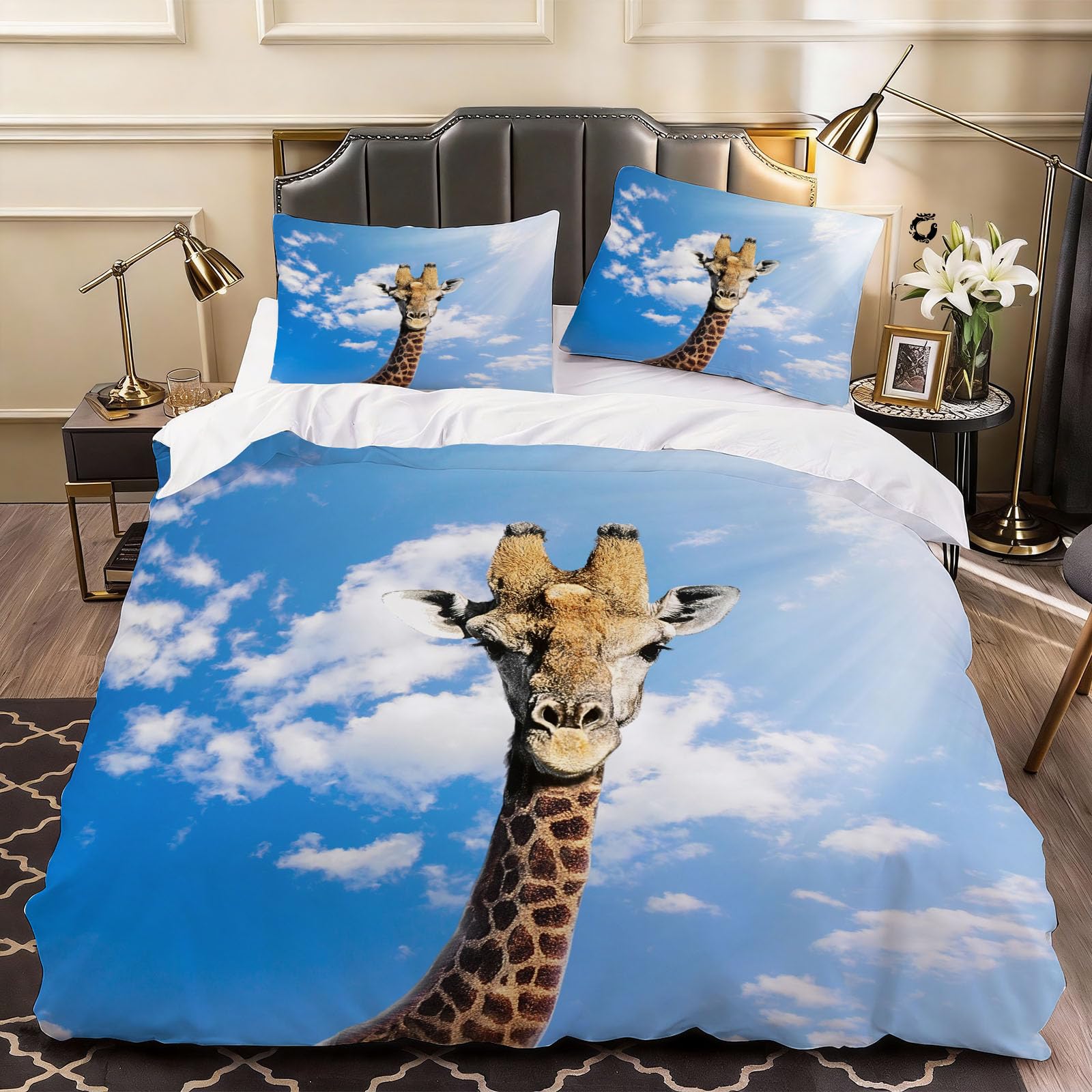 3D Giraffe Duvet Cover Cute Bedding Double Bed Set, Soft Microfiber Comforter Cover Printed with Zipper Closure Quilt Coverr 200x200 cm and 2 Pillowcases