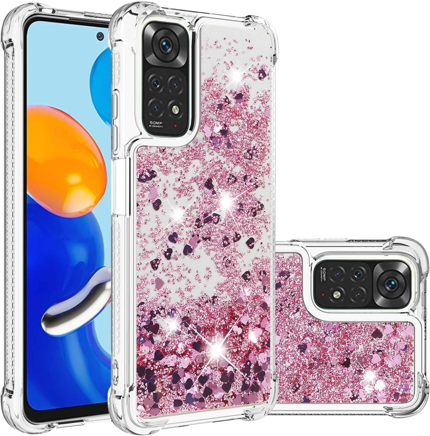 Silicone Phone Case for Redmi Note 11 / 11s 4G, Corner Airbag Fall Protection Bling Glitter Quicksand Liquid Sparkle TPU Case Cover for Xiaomi Redmi Note 11s / 11 4G. YBW Love RoseGold