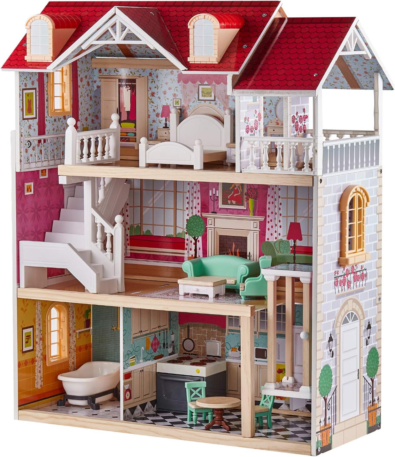 TOP BRIGHT Wooden Dolls House for Girls, Large Dollhouse Toy for Kids with Furniture and Elevator