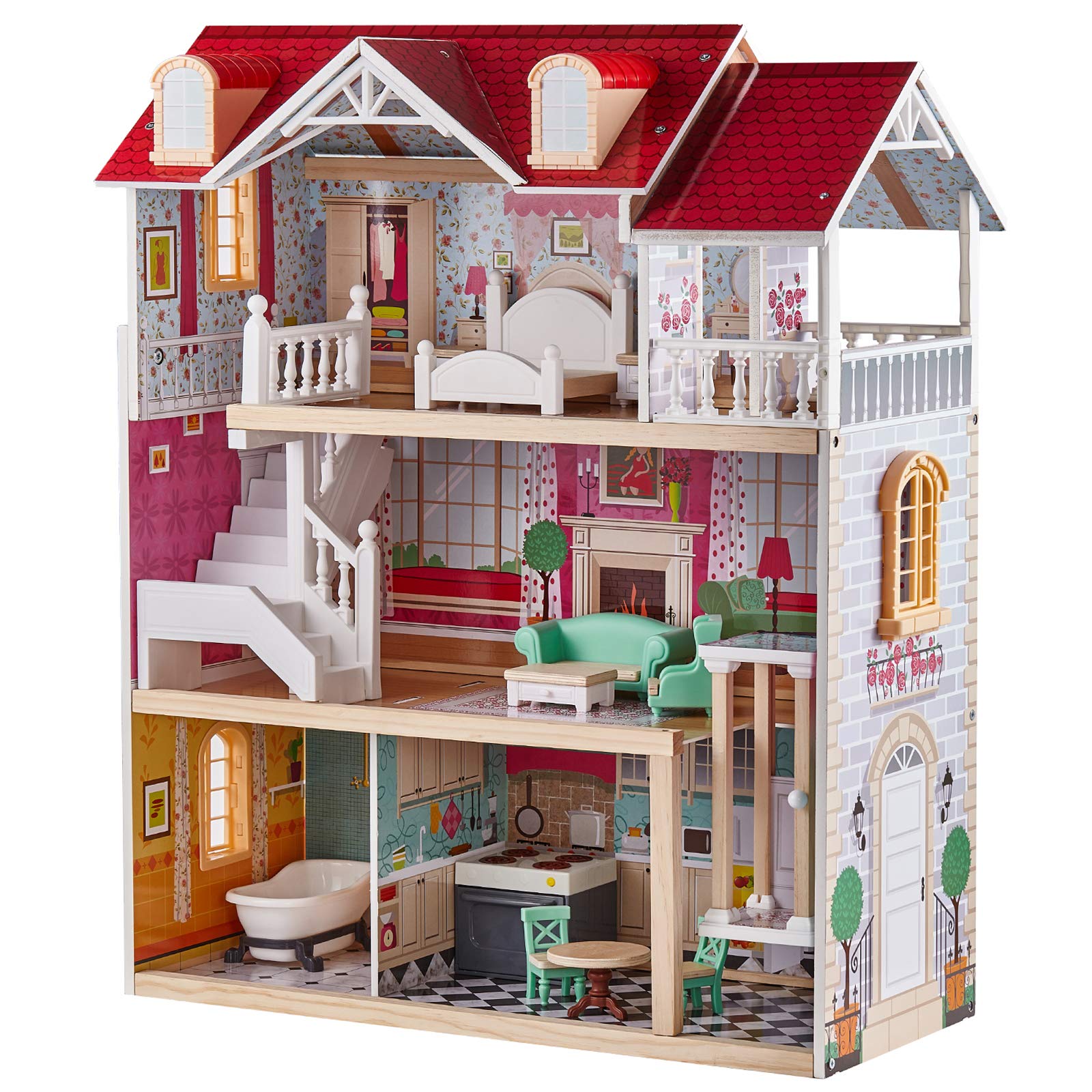 TOP BRIGHT Wooden Dolls House for Girls, Large Dollhouse Toy for Kids with Furniture and Elevator