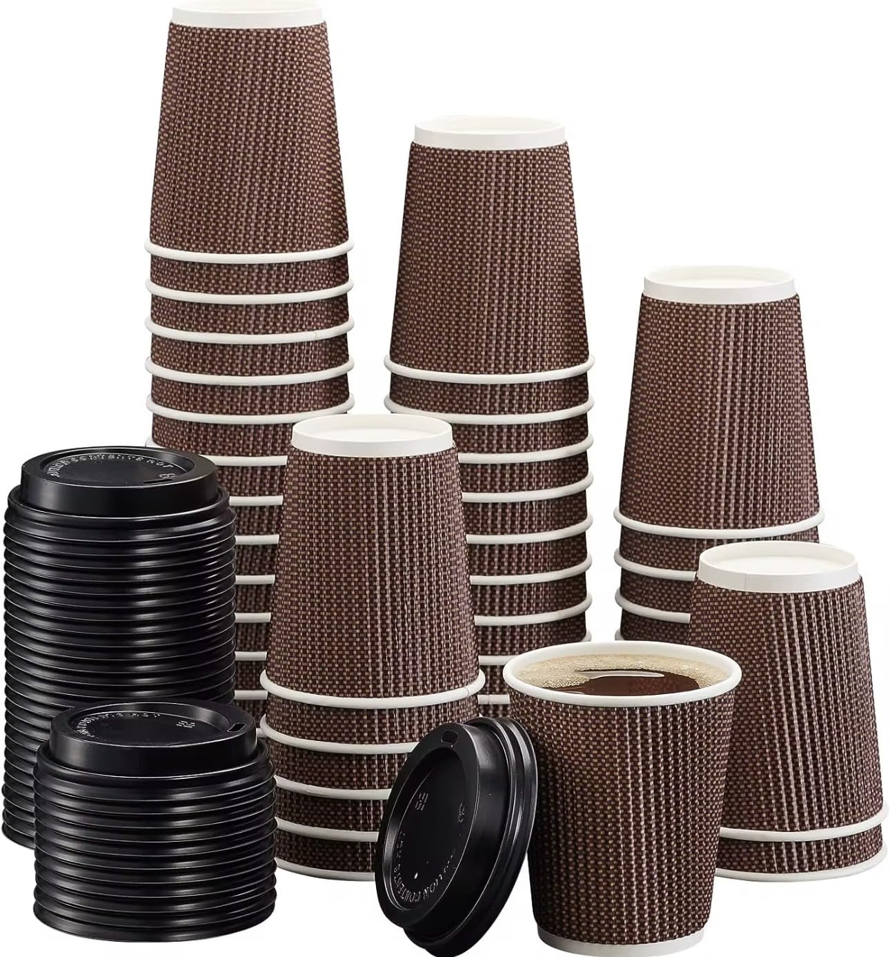 200 Pack 12 Ounce - Brown Triple Walled Disposable Paper Ripple Cups - 200 X 12oz / 360ml, Hot Drink Cups + Reusable Lids 12 OZ