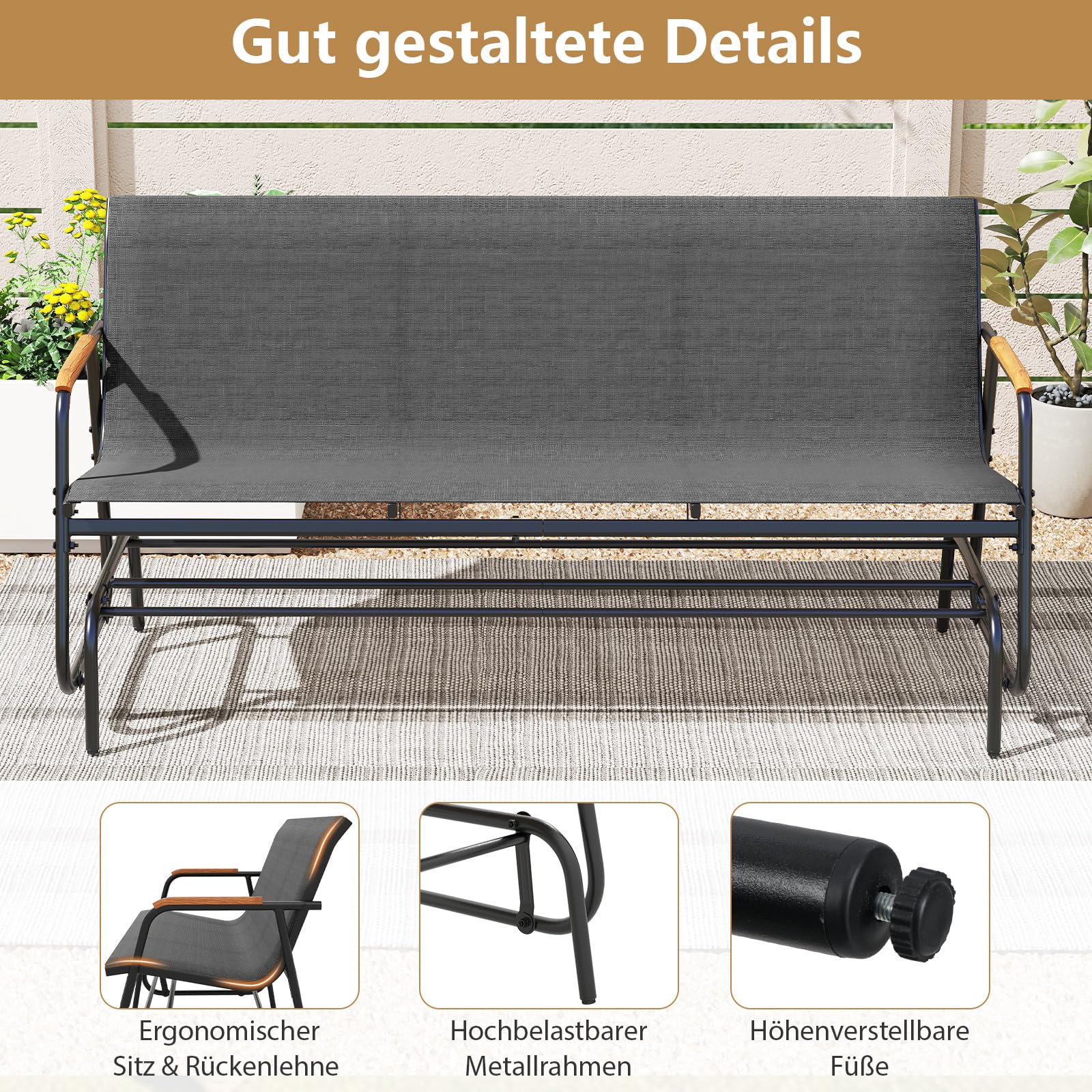 COSTWAY Gartenbank, 3-Sitzer Schaukelbank mit sanfter Gleitbewegung und atmungsaktivem Stoffsitz, Sitzbank bis 450 kg belastbar, Terrassenbank für Garten, Balkon, Terrasse