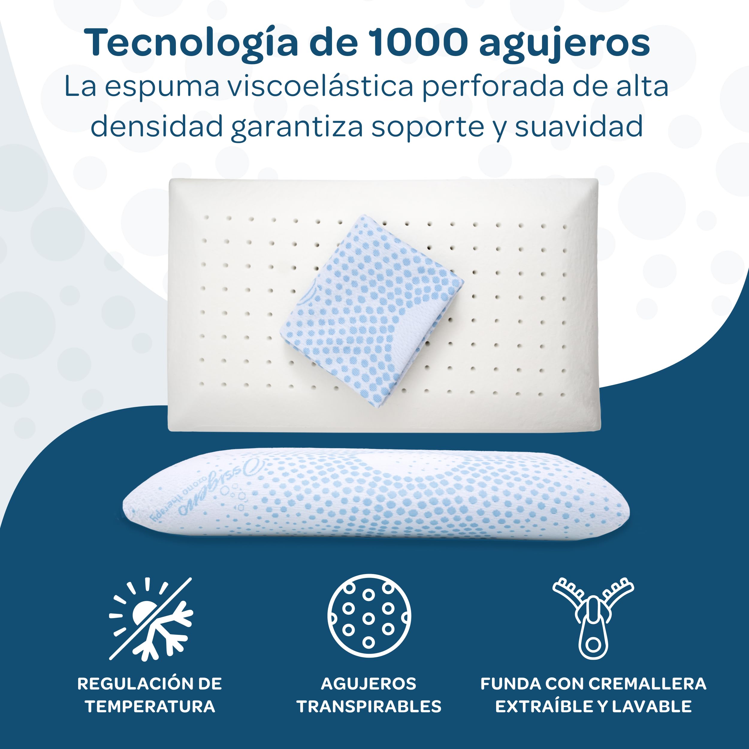 DOLCI SOGNI Almohada Viscoelastica - Almohada Memory Foam 72x42x12/13 cm y Transpirable - con Tecnología Oxígeno y Protección Antibacteriana - 100% Fabricada en Italia