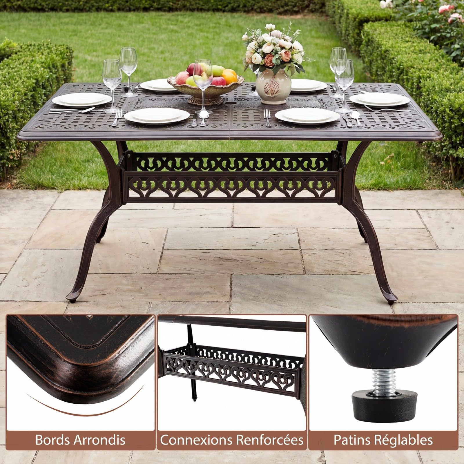 COSTWAY Table de Jardin en Fonte Aluminium, 150 x 90 x 73 CM