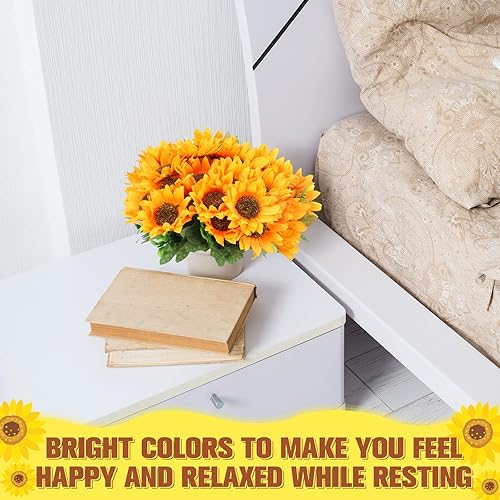 Miniatura 5 de Yuxung 8 ramos de girasoles falsos, flores artificiales de 11.8 pulgadas con tallos para baby shower, fiesta de cumpleaños, hogar, cocina,