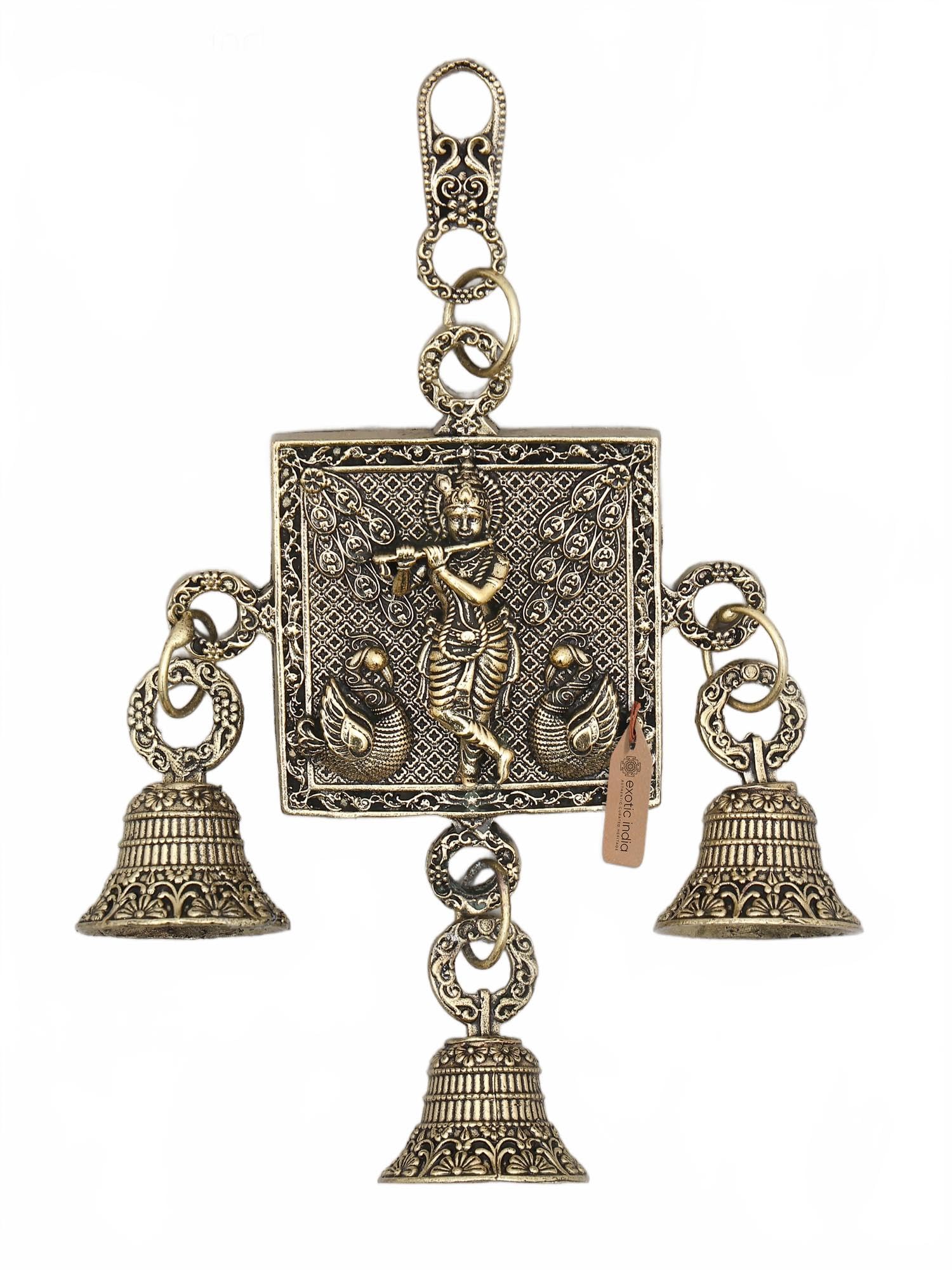 Exotic India Natural Brass 6" Superfine Brass Lord Krishna Playing Flute Wall Hanging With Bell Idol For Pooja Room, Home Décor, Wall Décor