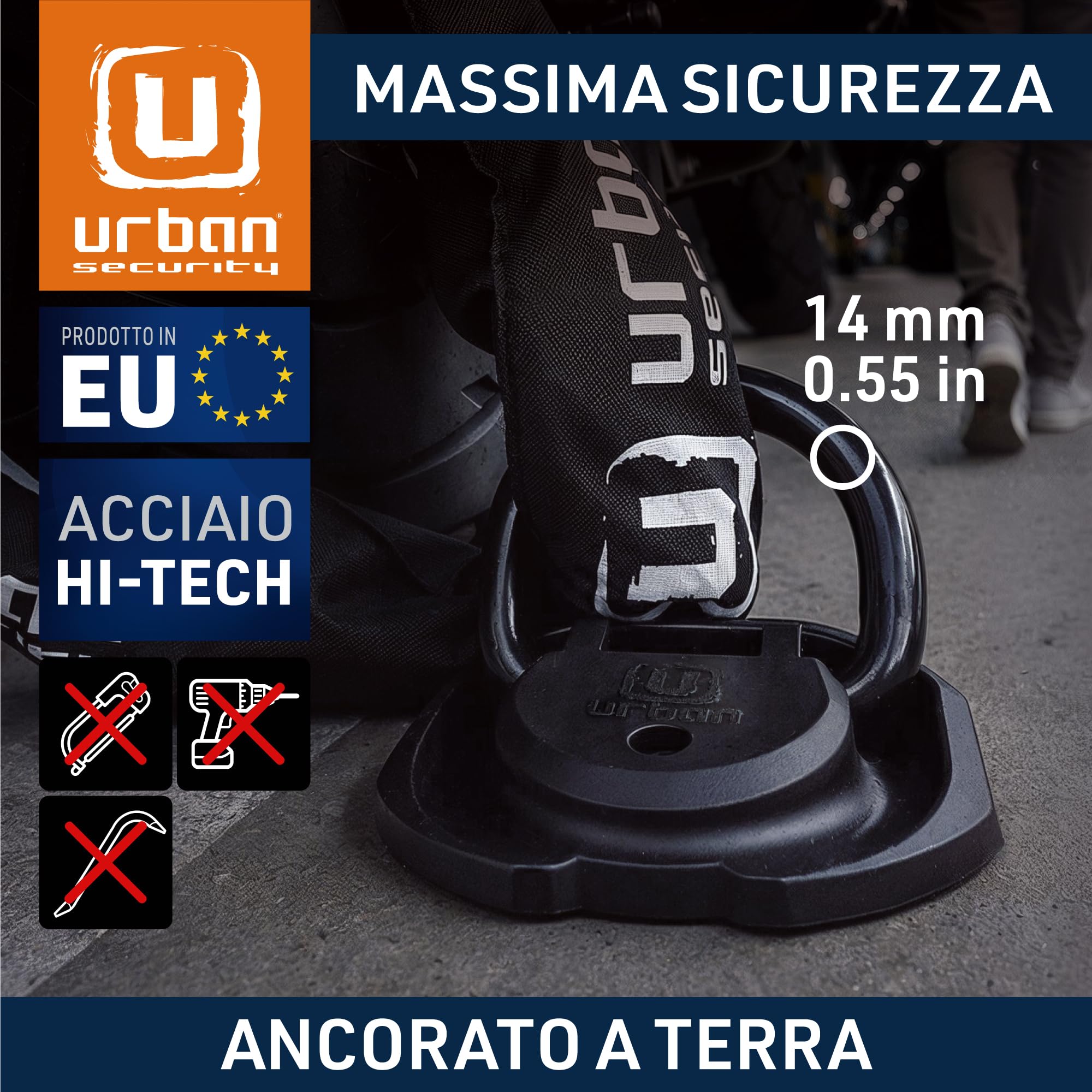 URBAN SECURITY UR55 Ancoraggio Sicurezza Moto Scooter, braccio oscillante in acciacio 14mm, a terra o al muro, all'interno o all'esterno