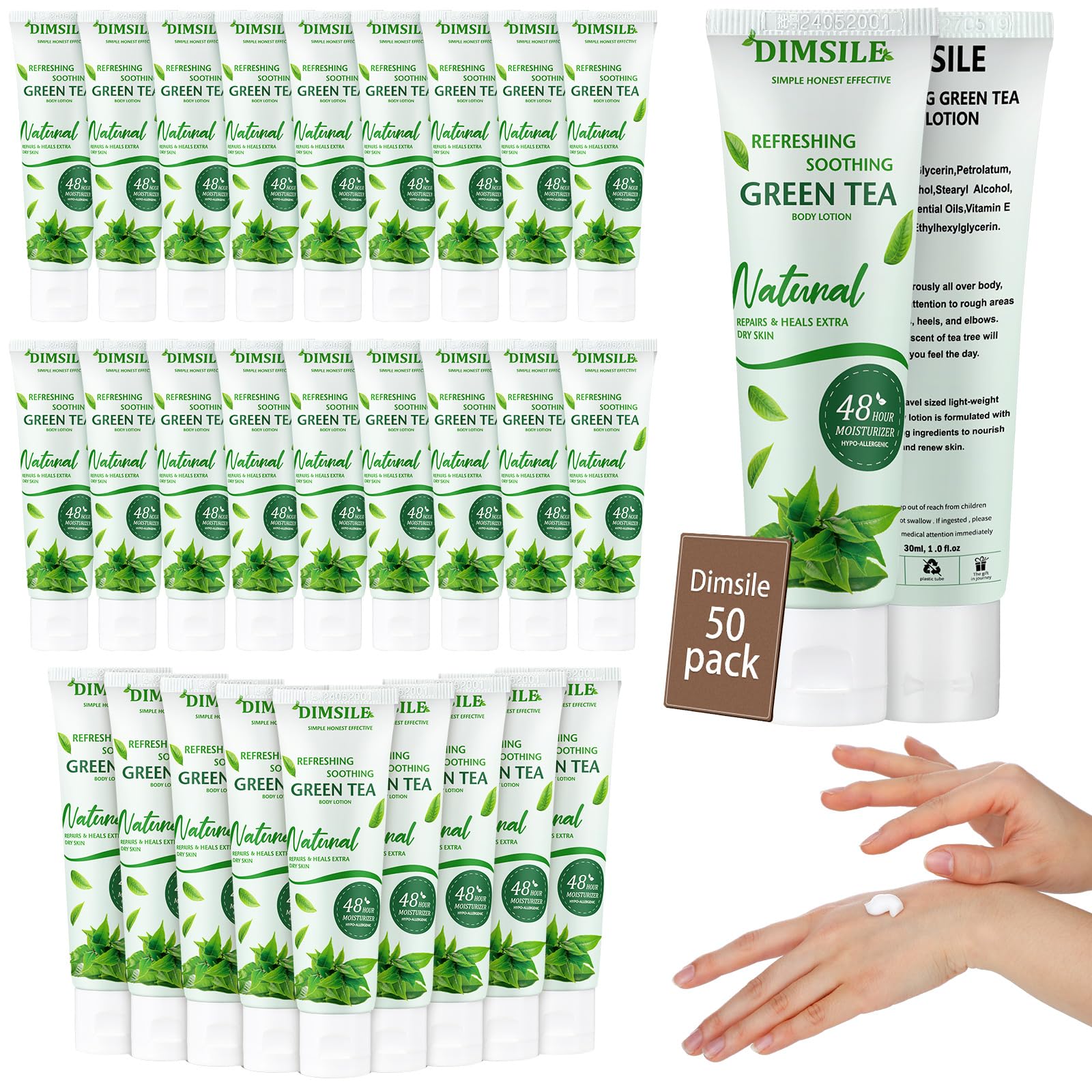 Dimsile 50 Pack Mother's Day Green Tea Travel Size Body Lotion 1 Oz Dry Skin Moisturizer with Flip Cap for Extra Dry Skin, for Inns and Hotels,
