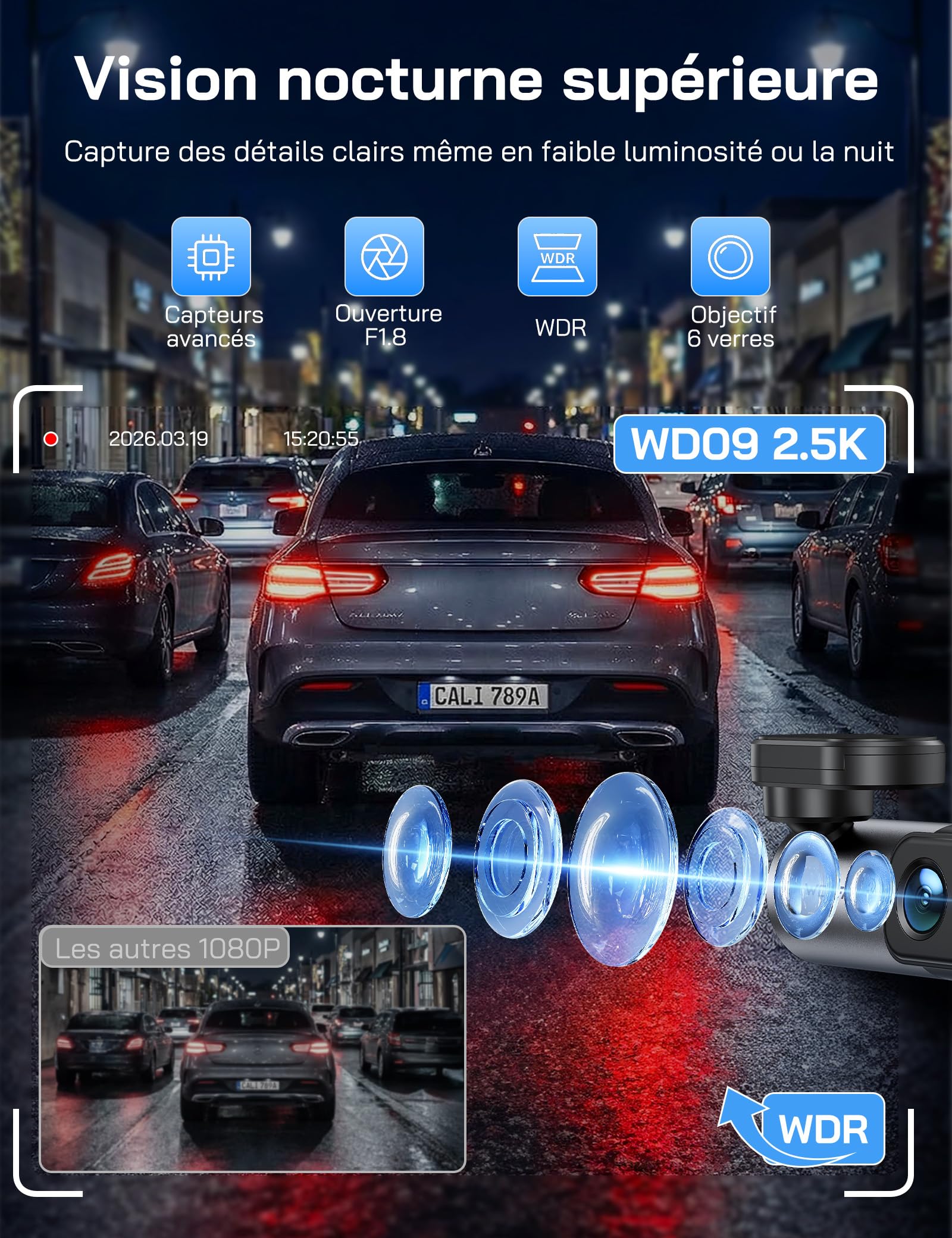 WOLFANG 2.5K Dashcam Voiture, 1440P WiFi Caméra Voiture avec App Contrôle, Mini Dash Cam Avant avec Grand Angle 170°, G-Capteur, Mode Stationnement 24H, Vision Nocturne, Enregistrement en Boucle
