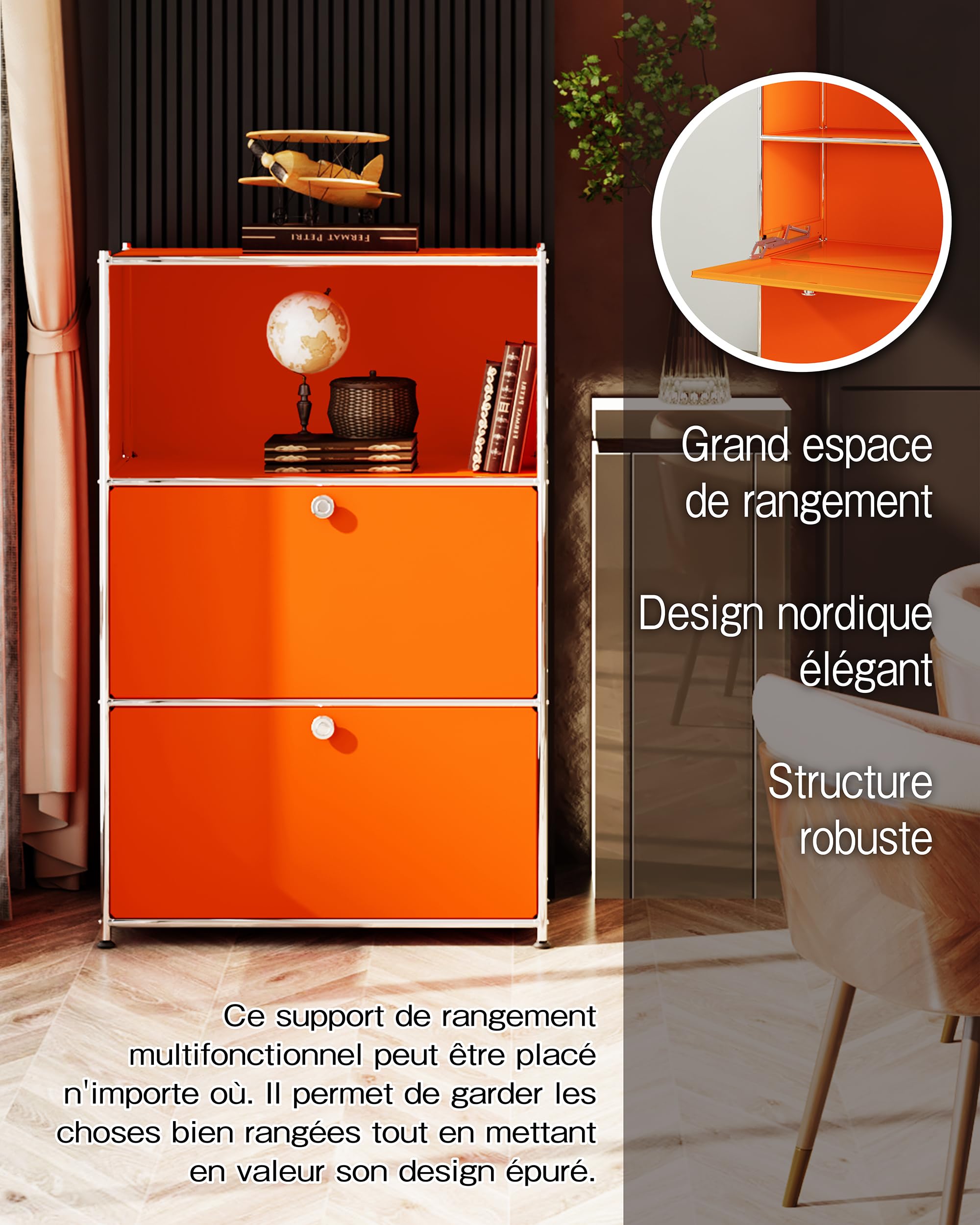 Scaffale in metallo con 2 ante pieghevoli, grande capacità, stile moderno fai da te, ideale per casa, ufficio, cucina, ingresso o corridoio (arancione opaco)