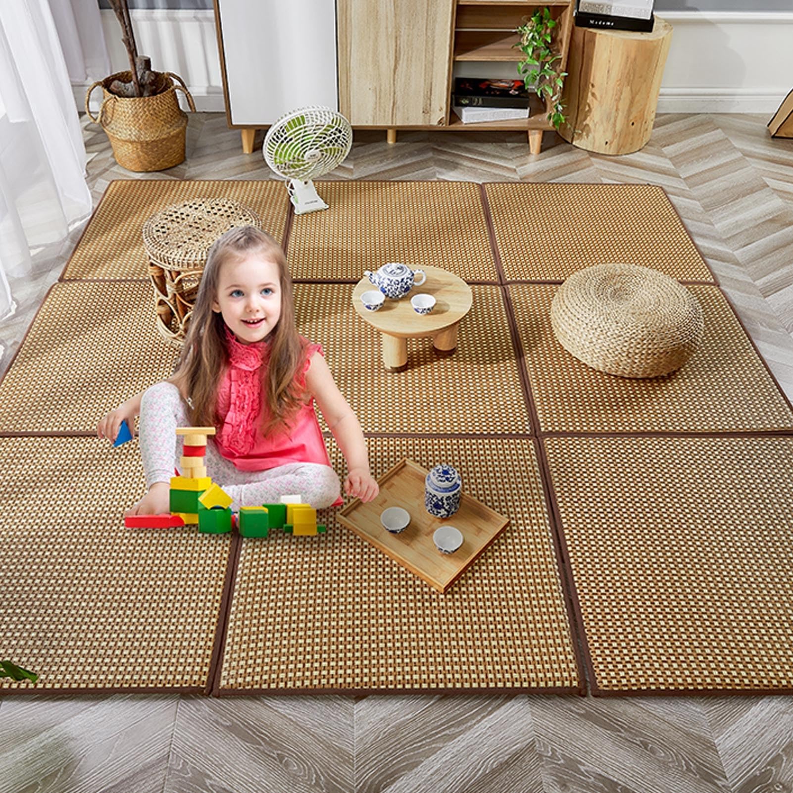 Tatami Tapis de sol antidérapant et pliable en rotin pour salon et chambre à coucher, tapis de jeu d'été avec sac de rangement, idéal pour ramper (8 pièces, 50 cm x 50 cm)
