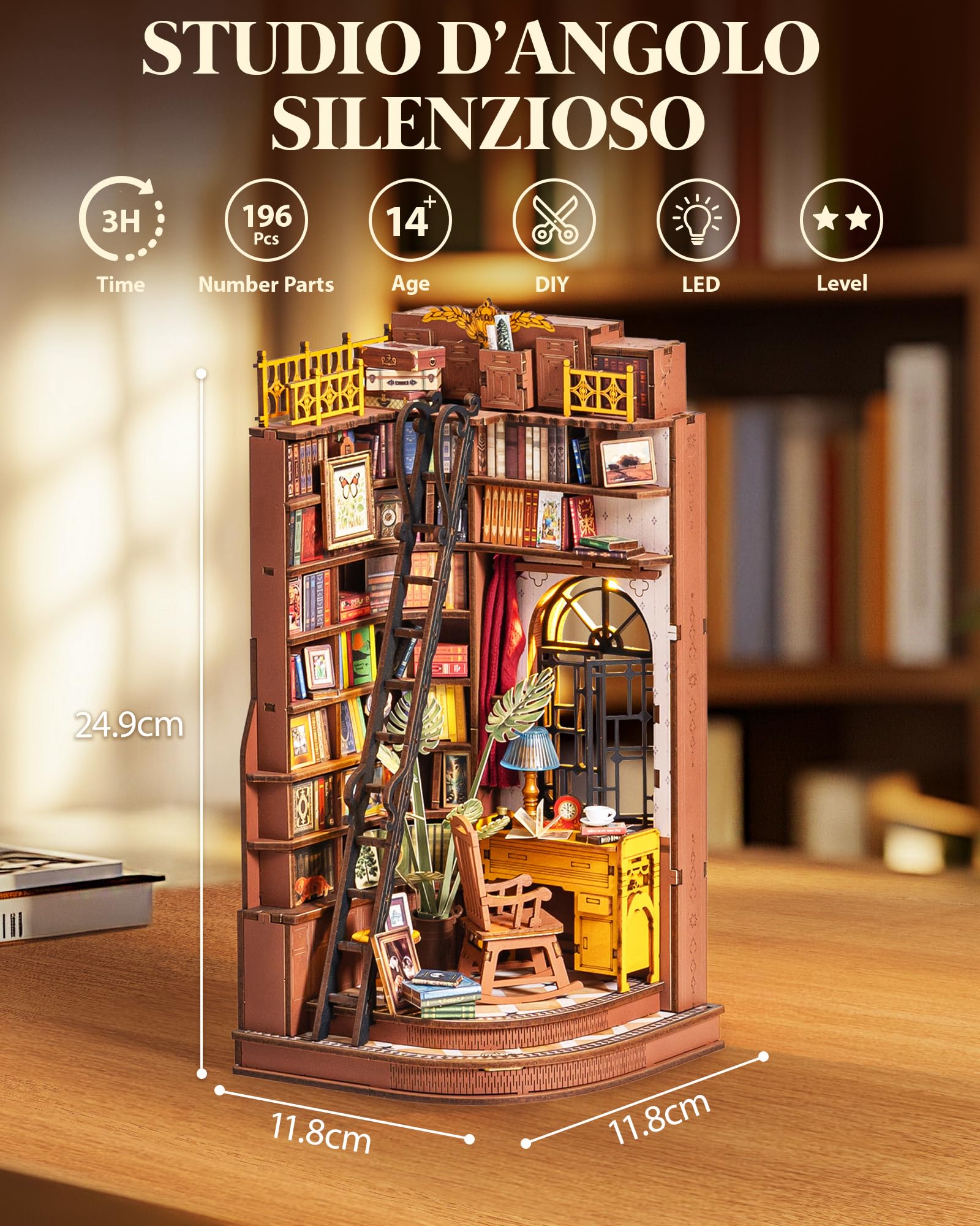 Rolife Book Nook Studio D'angolo Silenzioso Europeo Casa Delle Bambole Booknook Kit Casa Miniatura DIY per Adulti da Costruire Regalo di Natale e Compleanno Decorazione Mensola Libri Kit Diorama