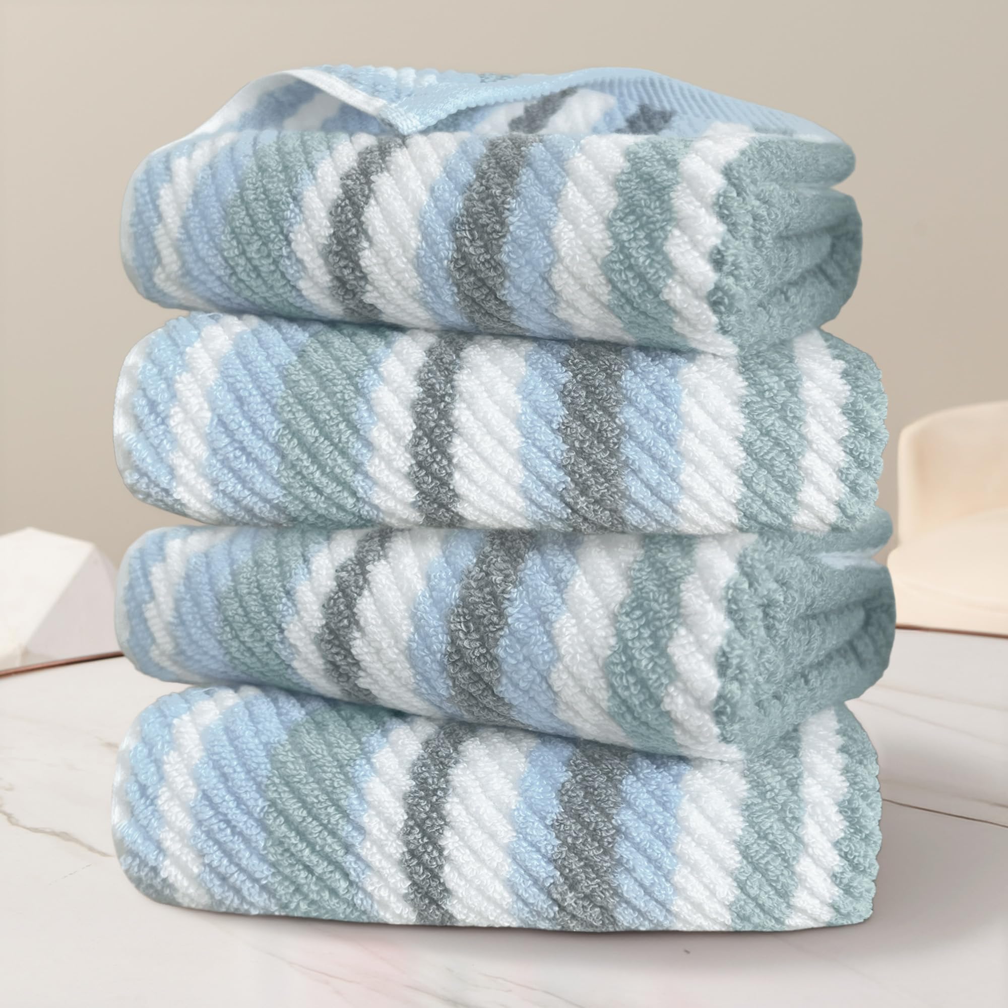 VOOVA & MOVAS Bath Hand Towels 4 Pack, 100% Cotton, 16x27 in, Blue Striped | Excellent Daily Use & Holiday Gift Choice, Quick Dry, Highly Absorbent, Soft, Lightweight, Luxury Gift Set 4 PC Hand Towels (16"x27") Gray + Blue Striped