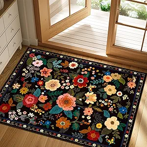 Floral 2x3 Area Rug Machine Washable Soft Print Boho Carpet Non Slip Doormat Low Pile Flower Area Rugs for Living Room Bedroom Nursery Kitchen Dining Room Indoor-Black