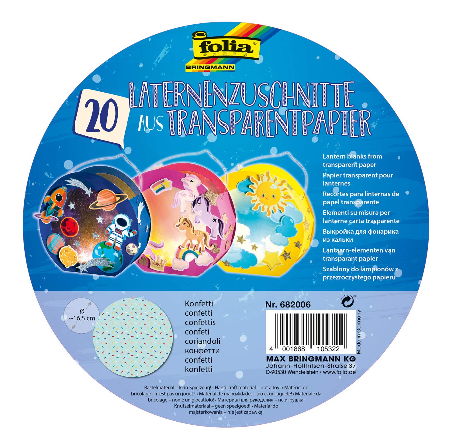 folia 682006 Lantern Cuts Confetti Made of Transparent Paper 115 g/m² for Round Lantern Blanks Diameter 16.8 cm Pack of 20 for Making Individual Lanterns