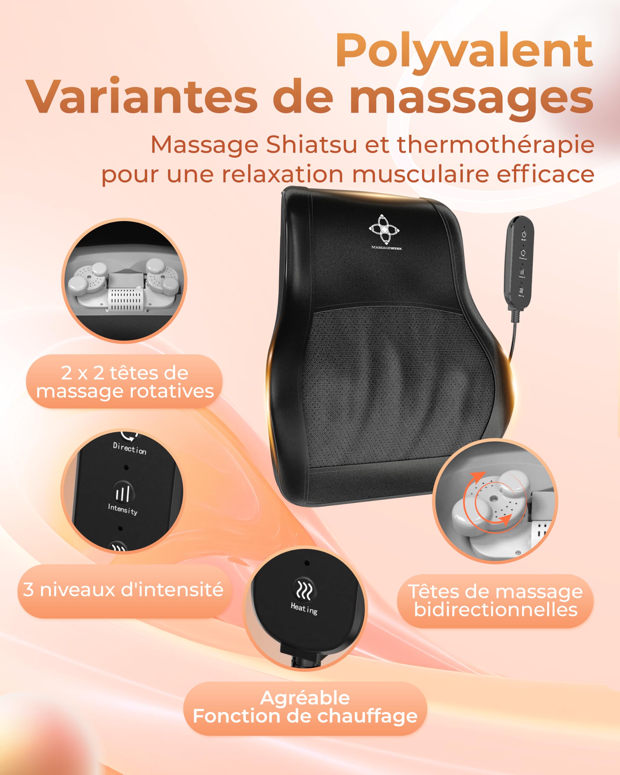 Shiatsu Rücken- und Nackenmassagegerät | Elektrisches Nackenmassagegerät mit Wärmefunktion | Ergonomisch, Ideal zur Linderung von Muskelverspannungen und Schmerzen