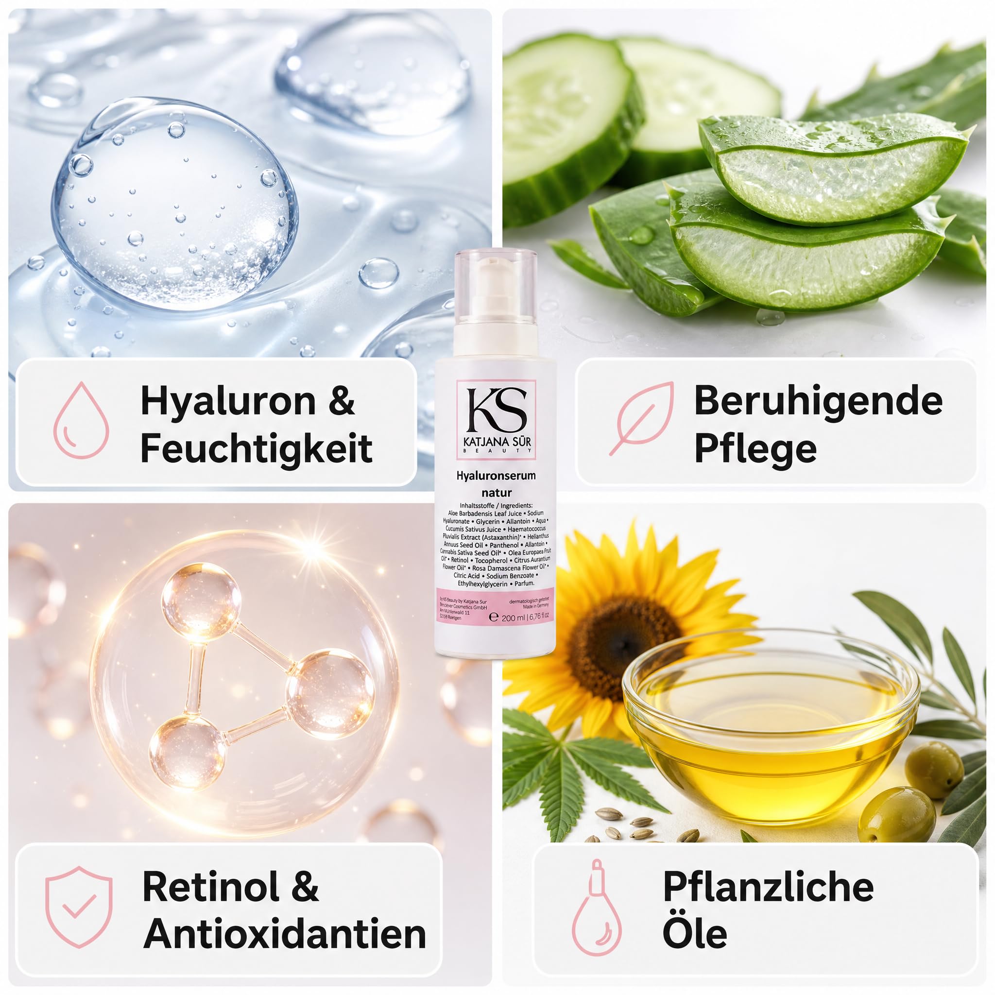 KS Beauty Hyaluron Serum Gesicht mit Retinol & Aloe Vera, 200 ml | Feuchtigkeitsserum mit Hyaluronsäure, Astaxanthin & Vitamin E – dermatologisch getestet, Made in Germany