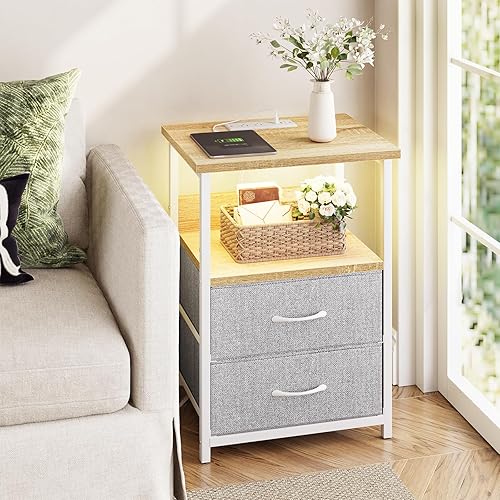 Miniatura 17 de Fixwal Mesita de noche con 3 cajones de tela, mesita de noche para dormitorio, mesita de noche con estación de carga, mesa auxiliar con Marrón