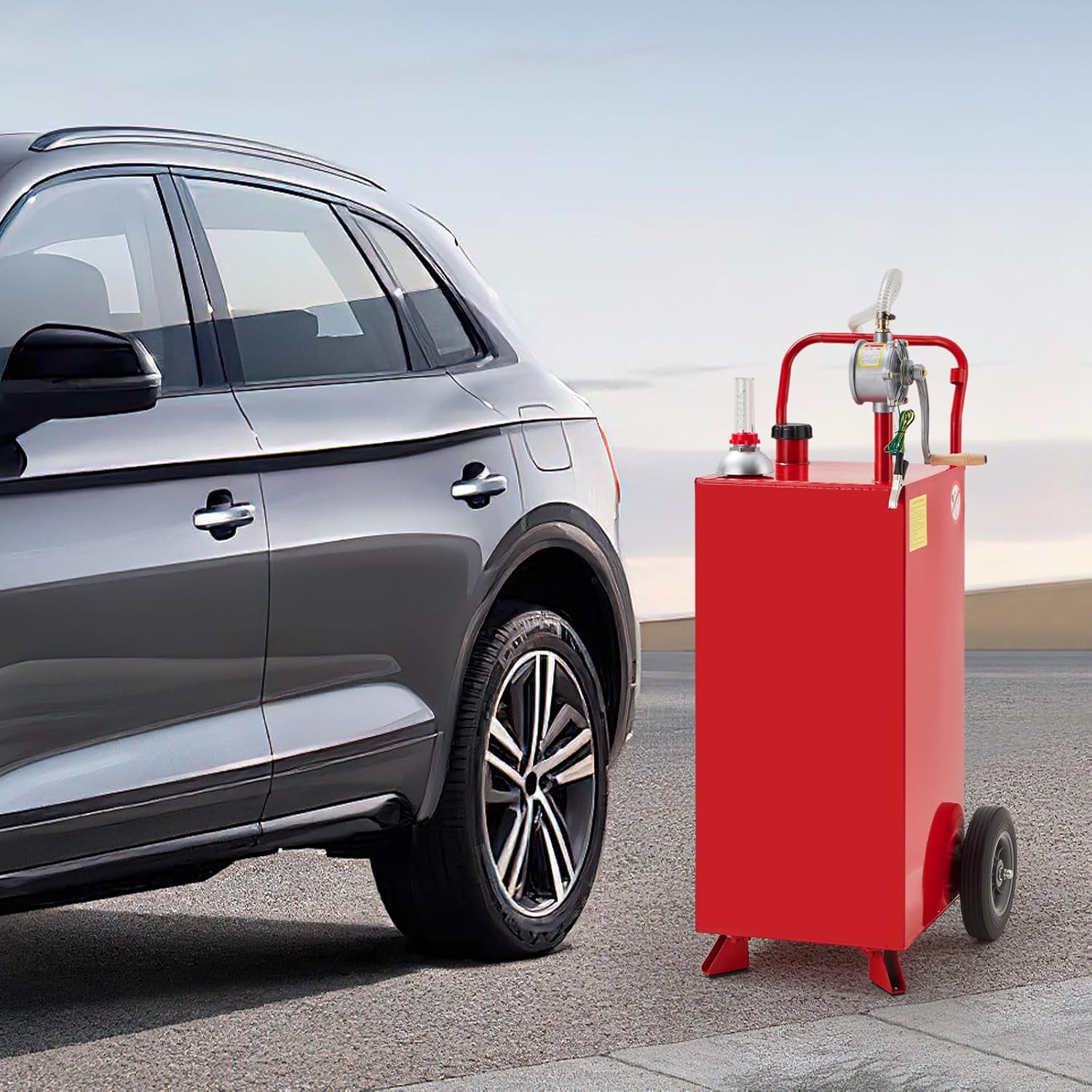 Heavy-Duty Portable Fuel Caddy 35Gallon – Manual Transfer Pump & 2 Wheels – Gasoline & Fuel Storage Tank for Cars, Lawn Mowers, ATVs, Boats – Reliable Outdoor Fuel Container.(Red)