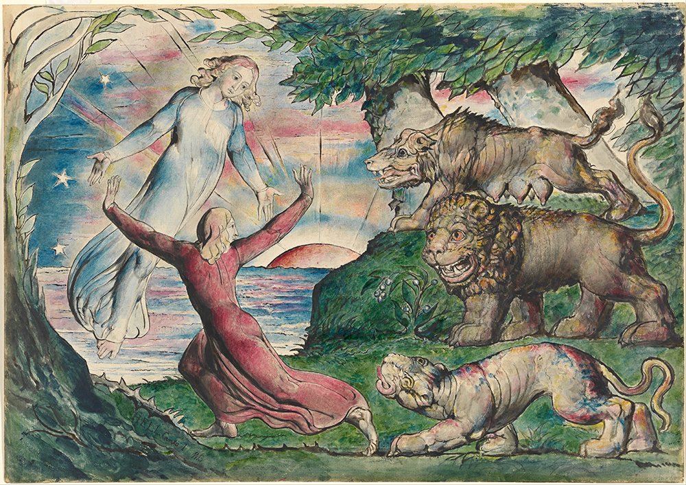 Póster de Dante por William Blake, cuadro mediano mate con marco marrón de salón