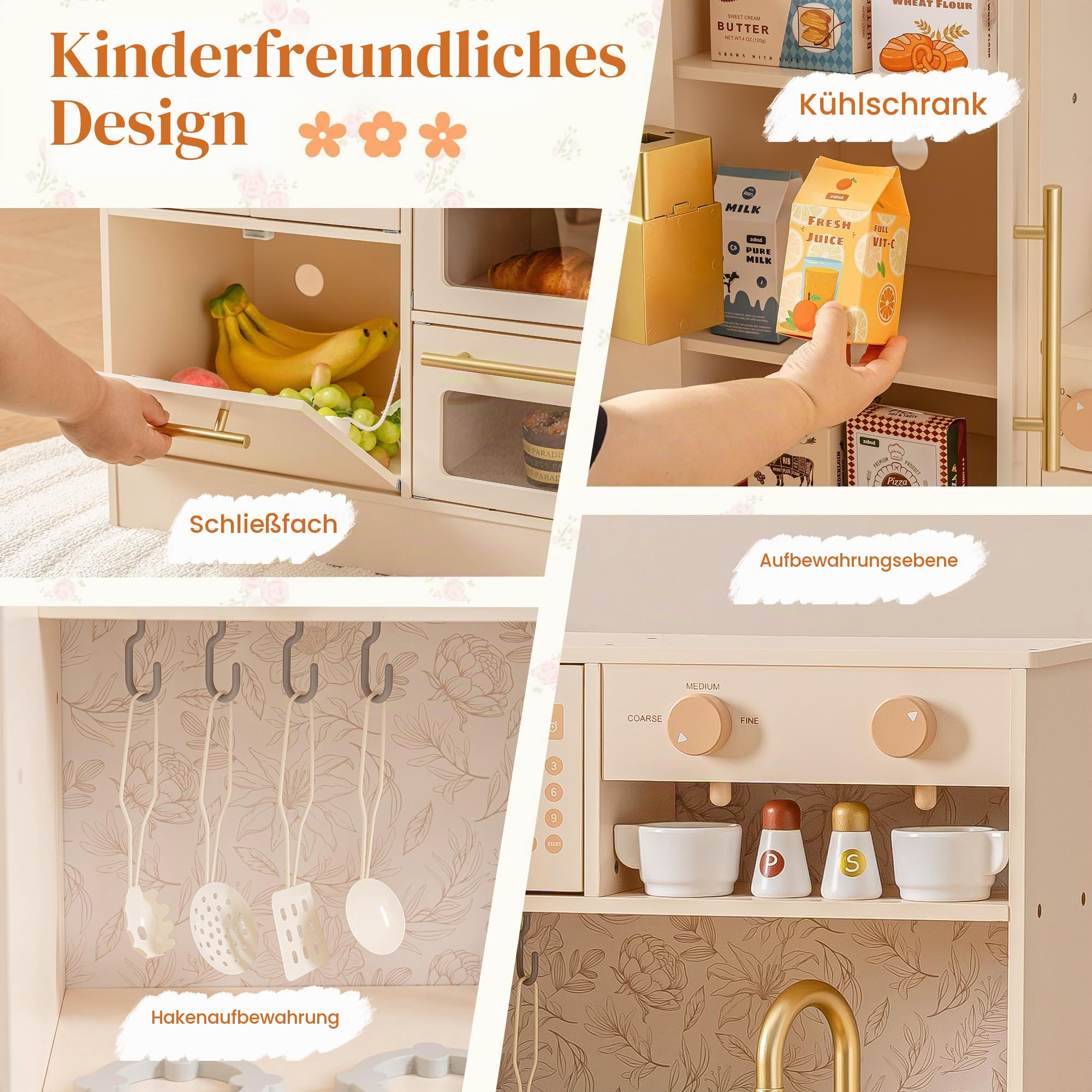 ROBUD Kinderküche aus Holz, Spielküche für Kinder mit 17 realistischen Zubehörteilen, Küchenspielzeug mit Mikrowelle, Backofen, Spüle und Eismaschine, Geschenk für Mädchen und Jungen ab 3 Jahren